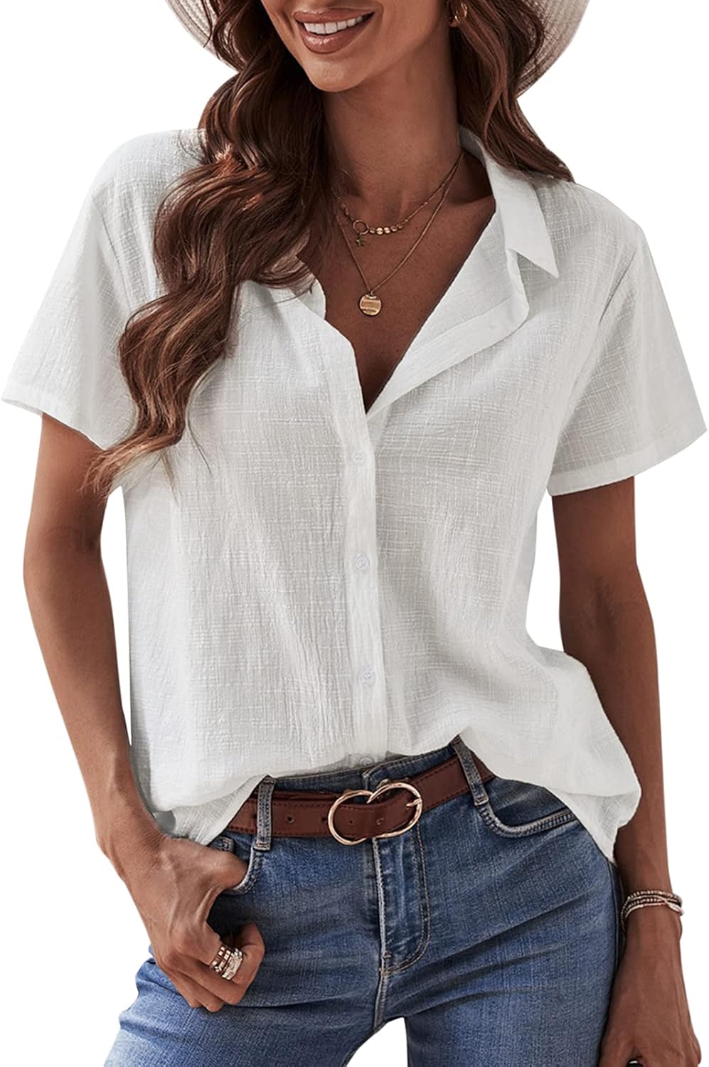 Short Sleeve Shirts for Women – Button Down Business Casual Tops Summer Cotton Linen Blouses Breathable V Neck T Shirt