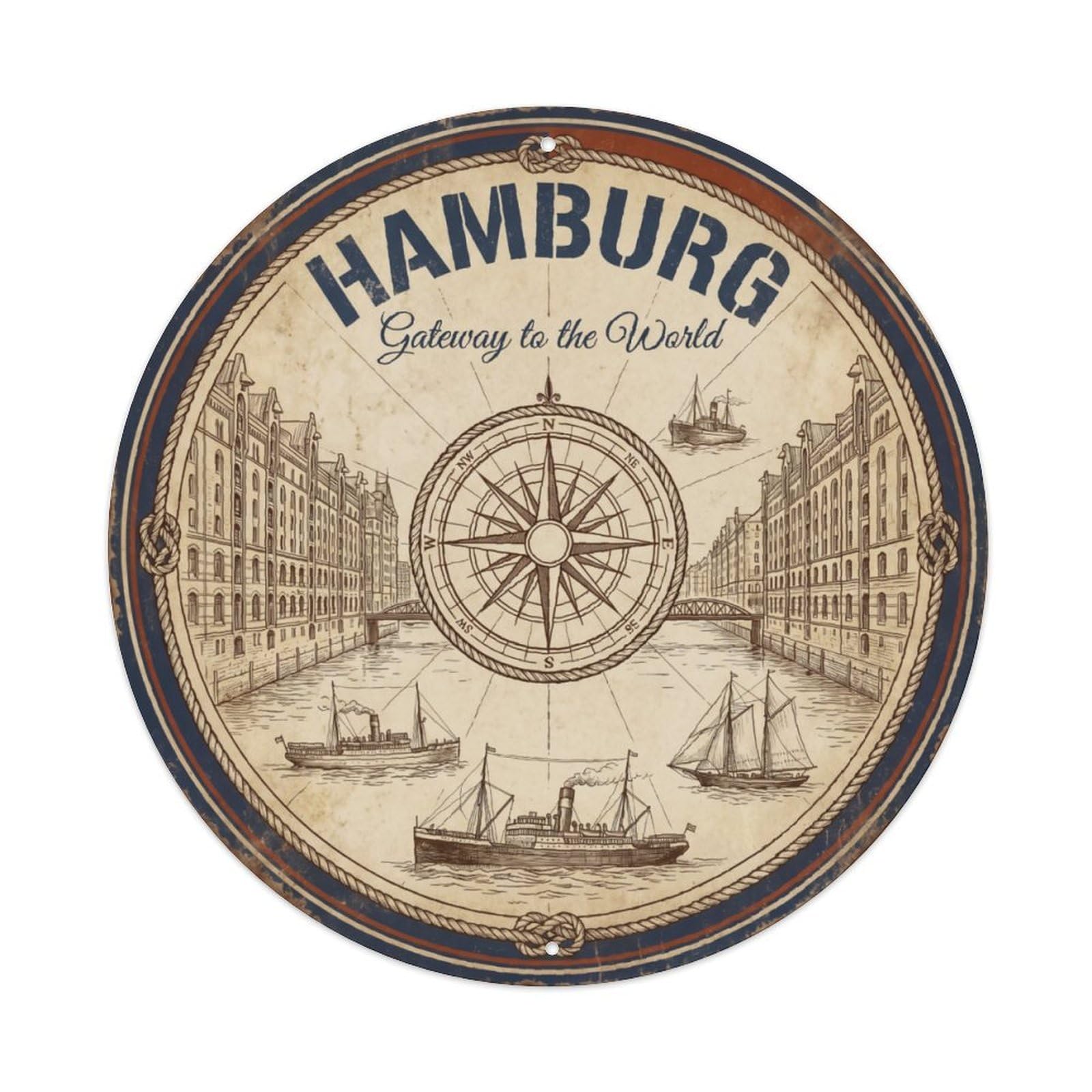 Ldfuieksufg Style Round Hamburg Vintage Nautical Port Decor Wall Plaque Vintage Aluminium Metal Sign, Retro Wall Decor For Home, Bar, Garage & Farmhouse 20X20cm