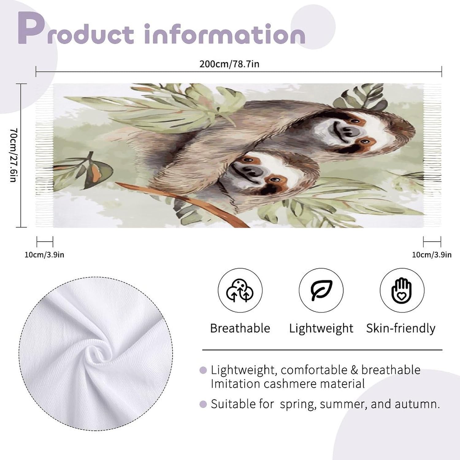 Watercolor Sloth Scarf for Women Men Soft Warm Fashion Blanket Scarves Classic Cashmere Feel Scarf Long Shawl Large Scarves Cold Weather Thick Blanket Scarfs