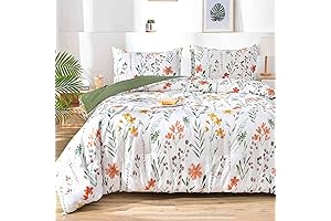 Queen Comforter Set, White Yellow Floral, Green Leaf Pattern Print Reversible Down Alternative Bed Sets