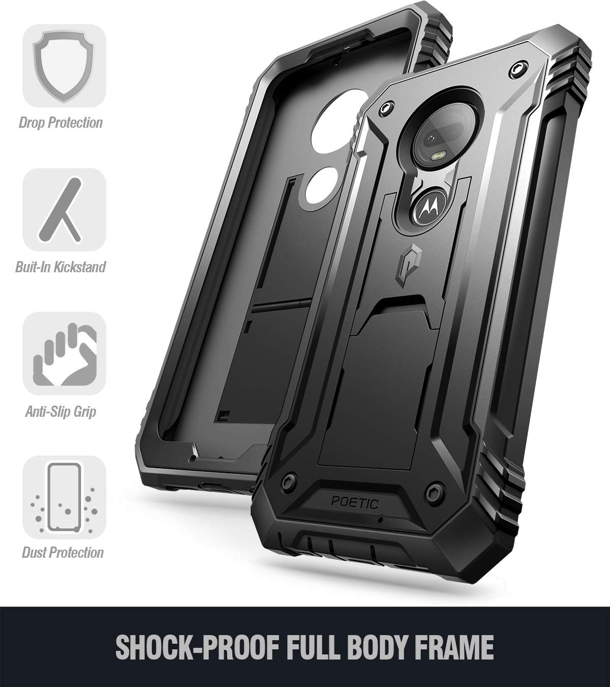 Poetic Moto G7 / G7 Plus Rugged Case with Kickstand, Full-Body Dual-Layer Shockproof Protective Cover, Built-in-Screen Protector, Revolution Series, DO NOT FIT Moto G7 Power Or Moto G7 Play, Black