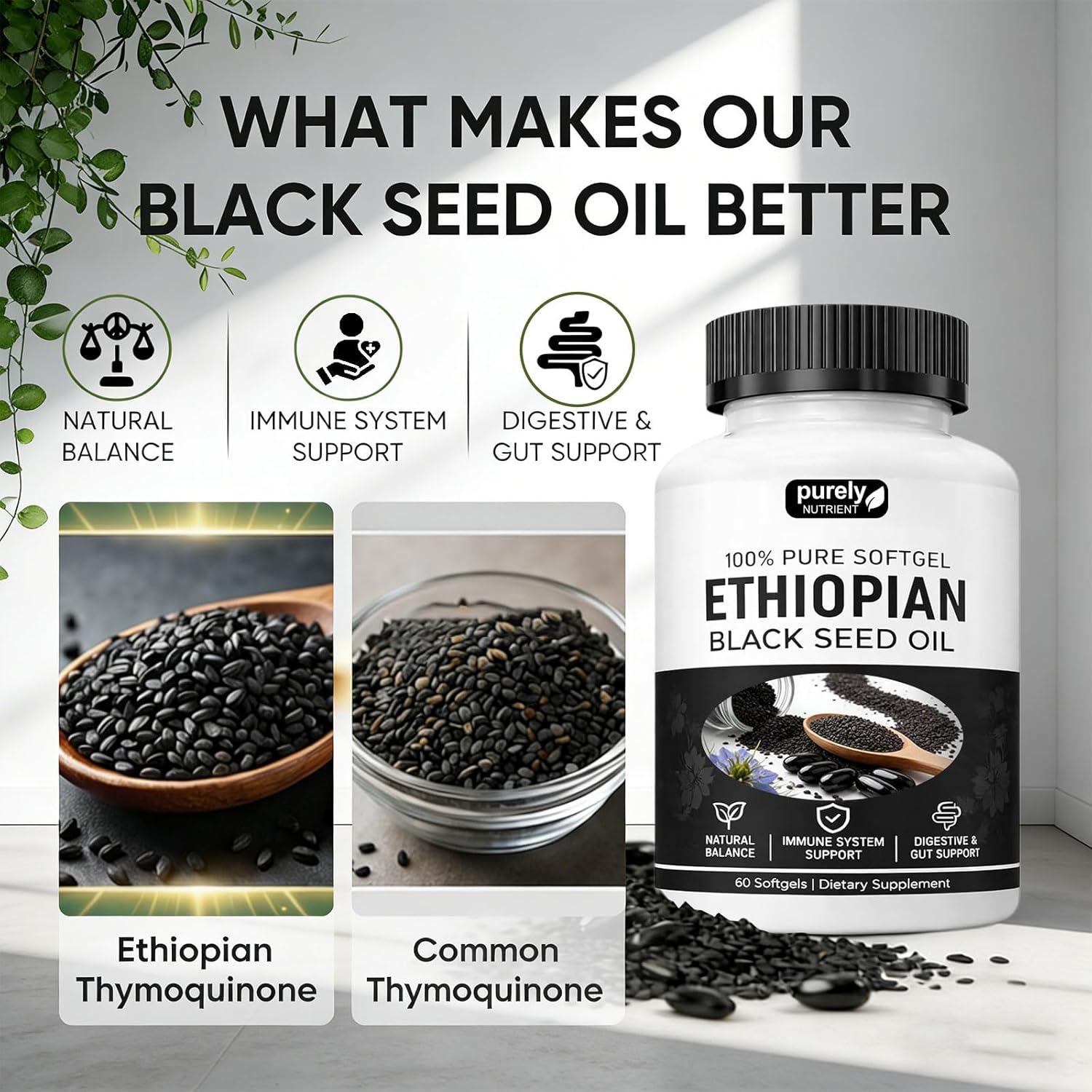 Purely Ethiopian Black Seed Oil Capsules, Purely Nutrient Ethiopian Black Seed Oil, Organic Cold Pressed, Non-GMO, Gluten-Free, 60 Softgels (2 Bottle)