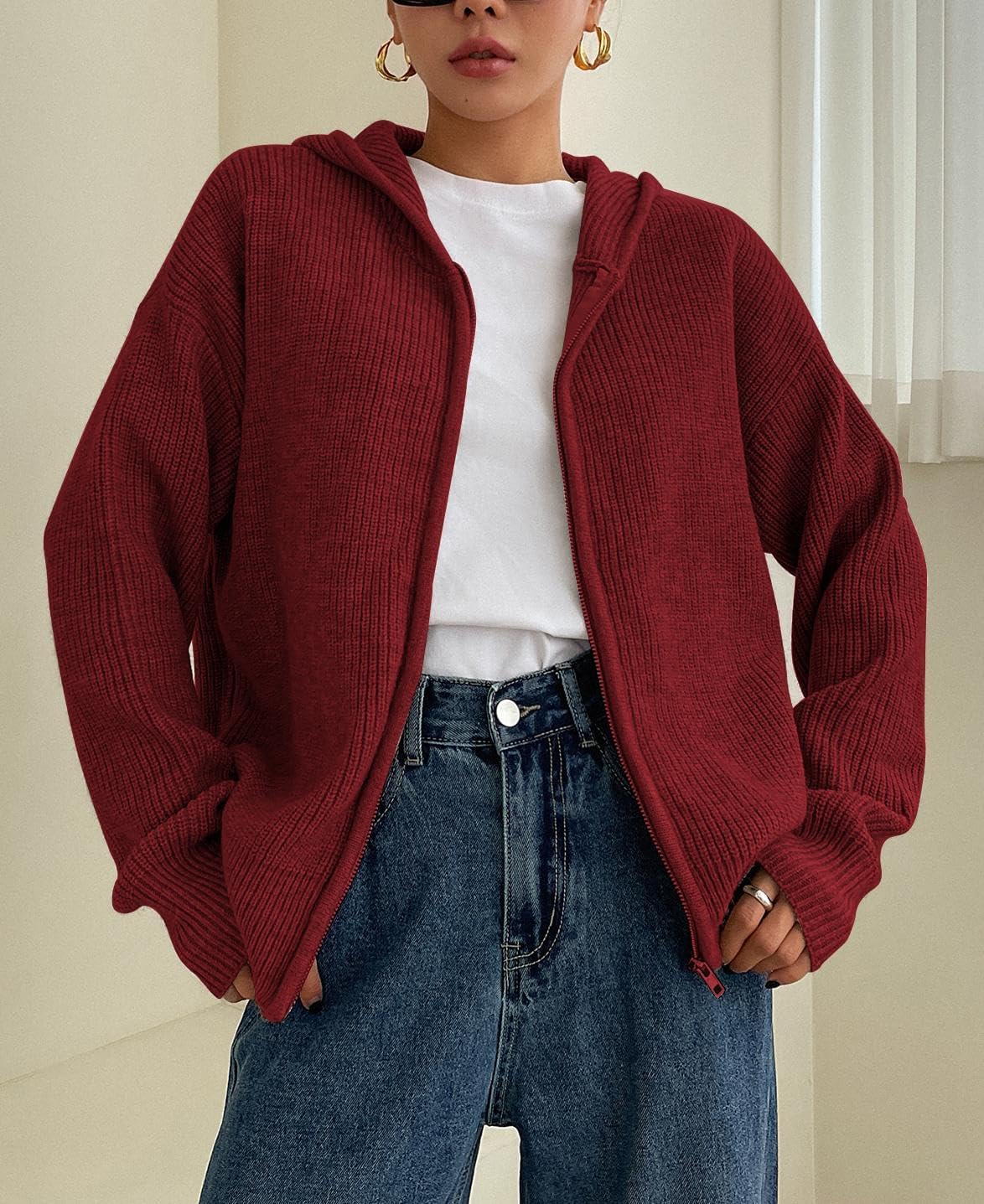 SOLY HUX Zip Up Cardigan for Women Hooded Cardigan Sweater Knitted Drop Shoulder Fall Clothes Winter Hoodies Outerwear - Image 5