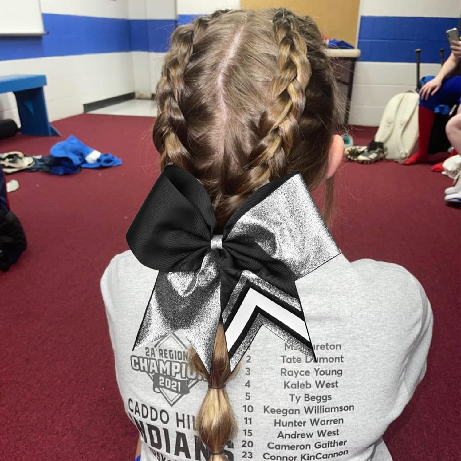 DEEKA 8PCS 8" Two Toned Large Glitter Cheer Bows Shiny Cheer Hair Bows Ponytail Holder Handmade for Cheerleader Girls Softball Sports -g Silver/Black