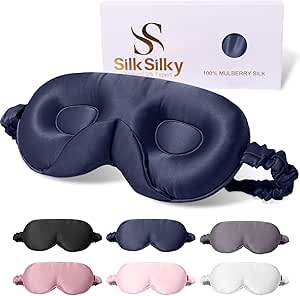 SilkSilky 100% 22 Momme Mulberry Silk Sleep Mask – Upgraded 3D Contoured Eye Mask with Nose Wing Pads & Adjustable Strap, Luxury Blackout Eye Cover for Women & Men (Dark Blue)