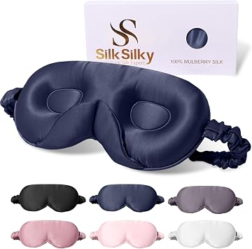 SilkSilky 100% 22 Momme Mulberry Silk Sleep Mask, Dark Blue