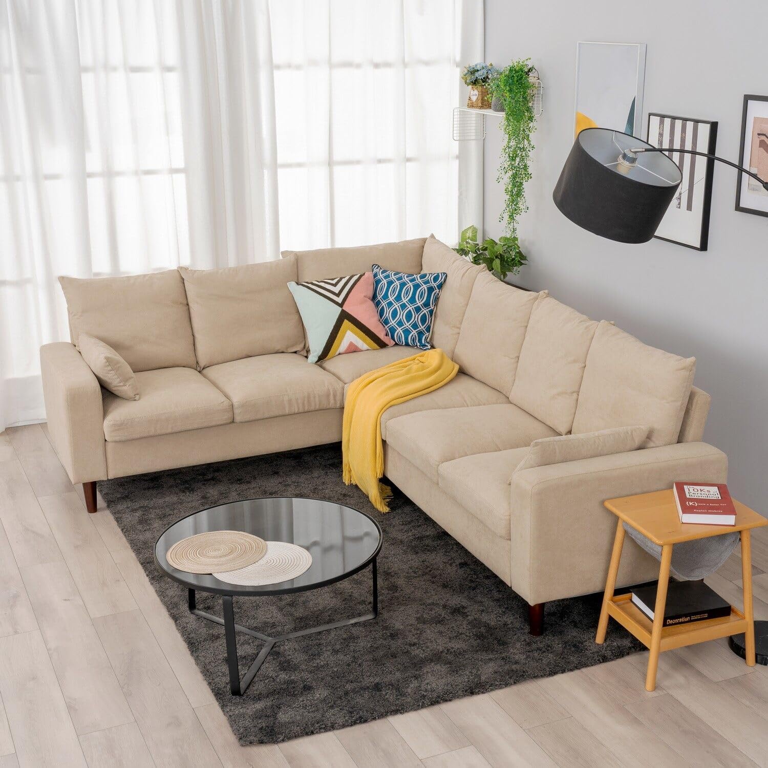 Panana Corner Sofa, 3+2 Seater sofa Settee, Linen Fabric in Beige, sofa