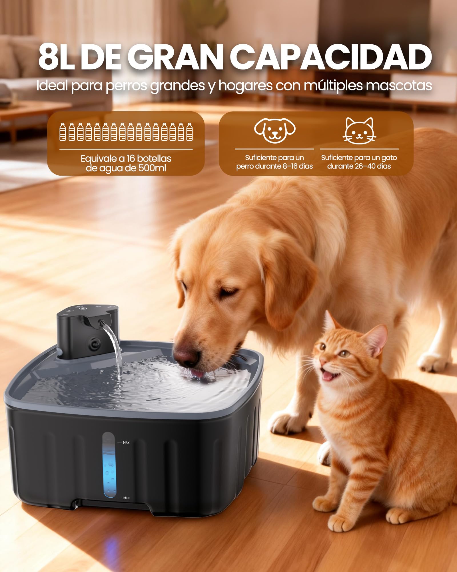 Kittyspout Fuente de Agua para Gatos y Perros 8L - Sin Cable, con Batería Recargable 4000mAh y Sensor de Movimiento - Bomba Silenciosa y Filtro de Carbón, para Mascotas Grandes o Múltiples