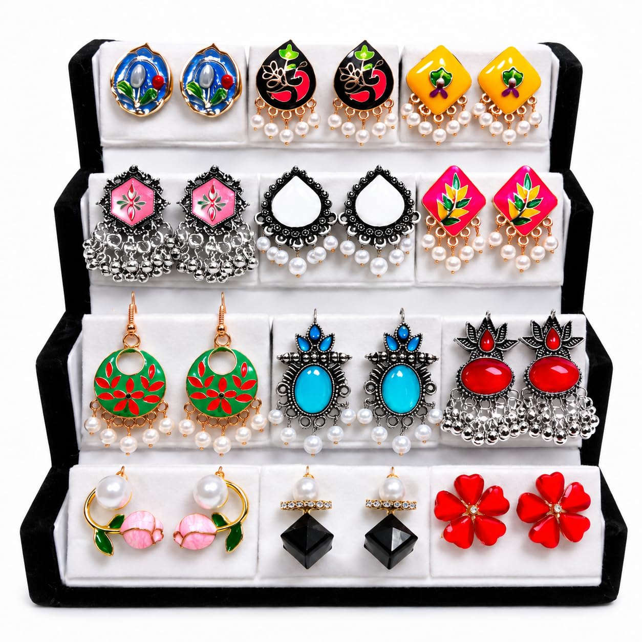 12 Pair Jhumka Earrings Set with Premium Foldable Velvet Organizer Box | Traditional & Ethnic Earrings Combo for Women & Girls | Jewellery Gift Hamper for Birthday, Rakhi & Festivals-image-43