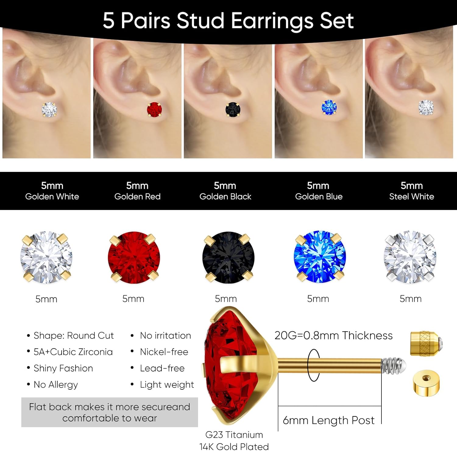 5 Pairs Flat Back Stud Earrings for Women, Trendy Cartilage Earring, Hypoallergenic Titanium Earrings Set, Cubic Zirconia Flatback Ear Rings Non Tarnish - Image 2