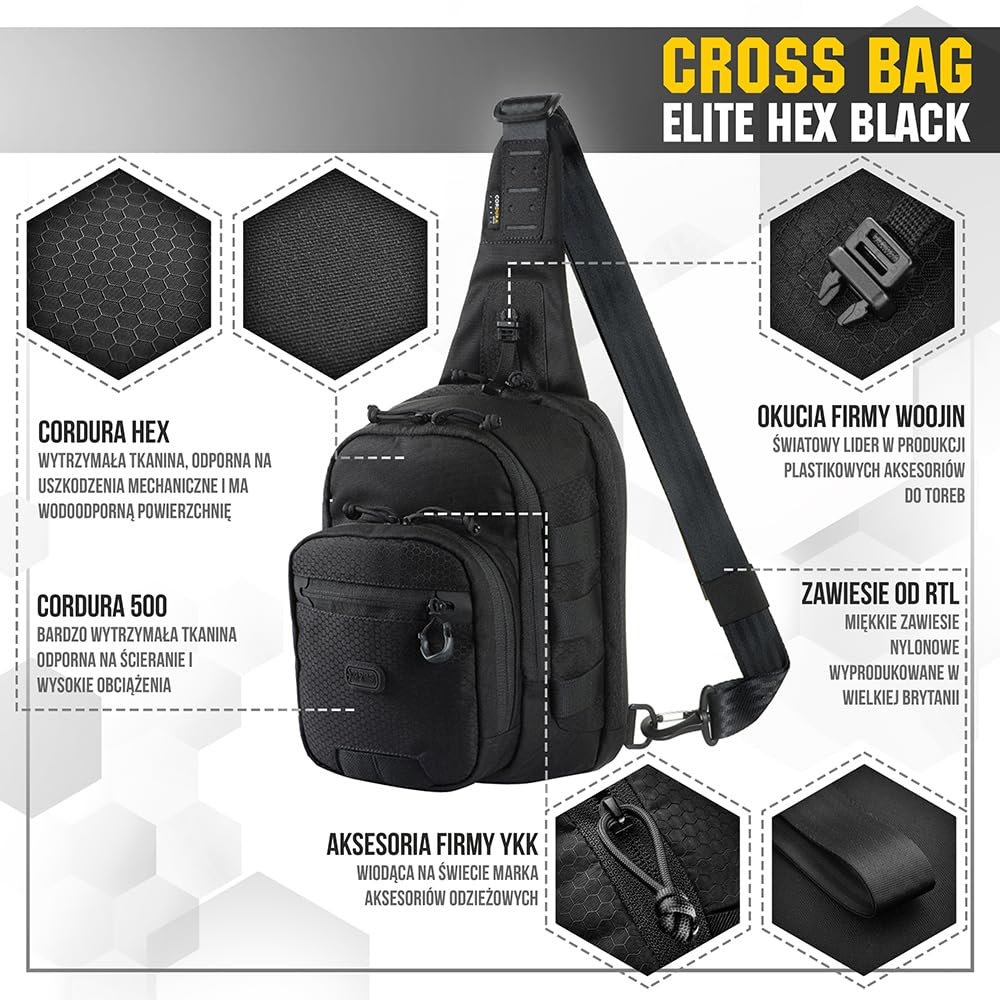 M-Tac Cross Bag Elite wielofunkcyjna torba typu sling do aktywności na świeżym powietrzu, wędrówek, uprawiania sportu, Multicam Black/Black