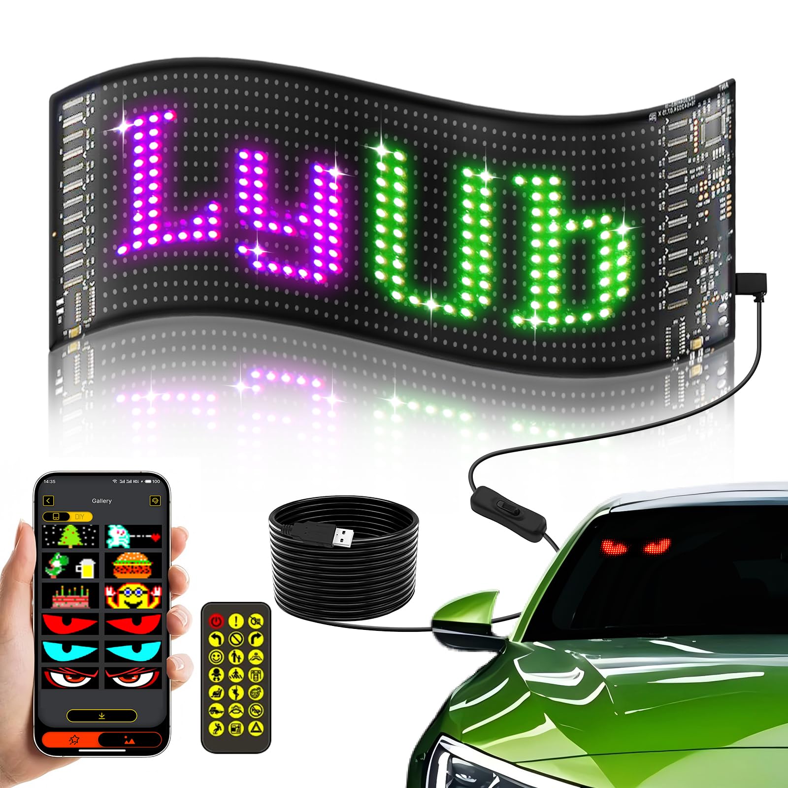 Car LED Sign DIY Programmable Scrolling LED Display 7"x3" USB 5V Matrix Panel, Bluetooth App Control, Custom Text & Animation Light Signs for Store Car Hotel Event Festival