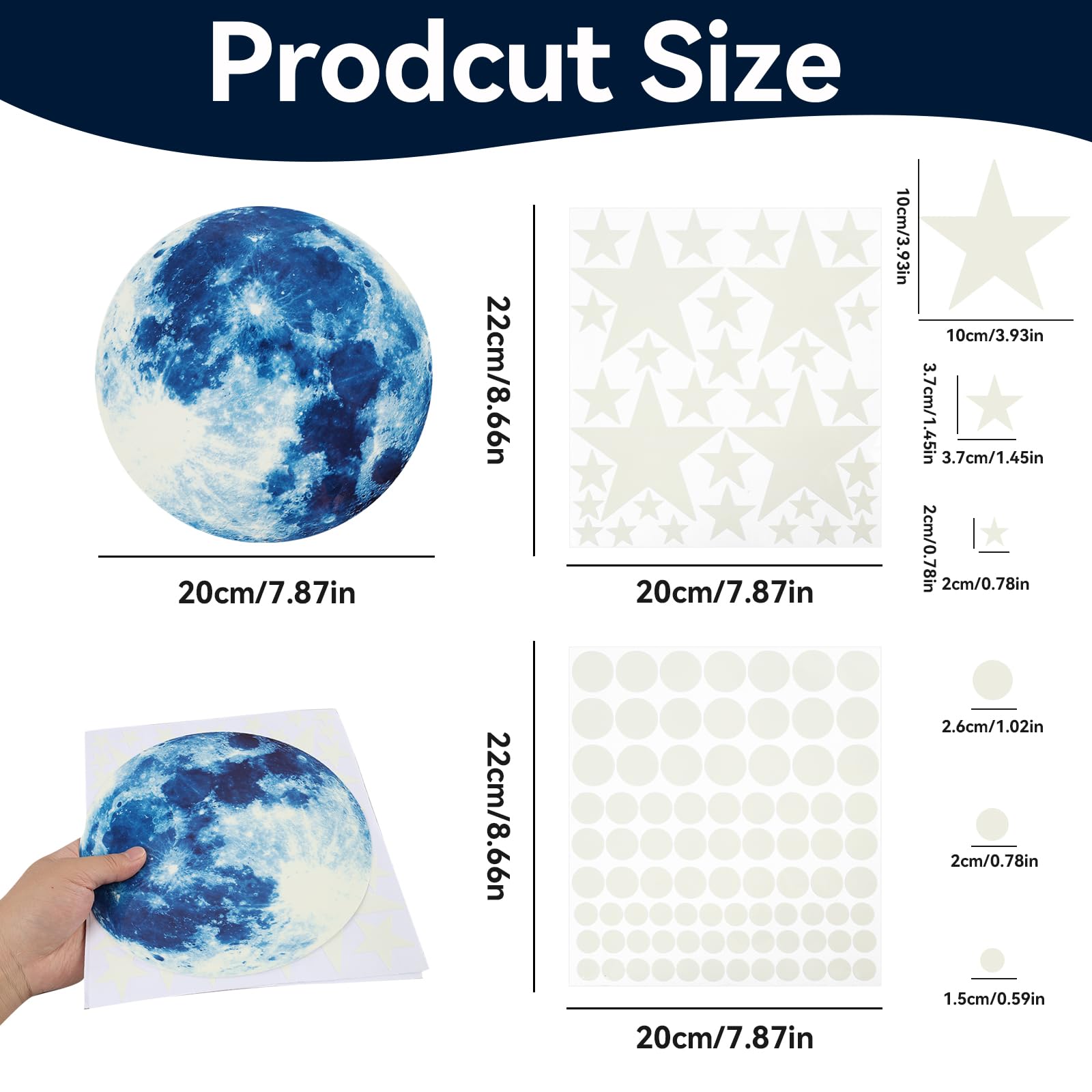 Pegatinas de pared fosforescentes Luna Estrellas compatibles con dormitorio salón, pegatinas adhesivas, color azul 20 cm