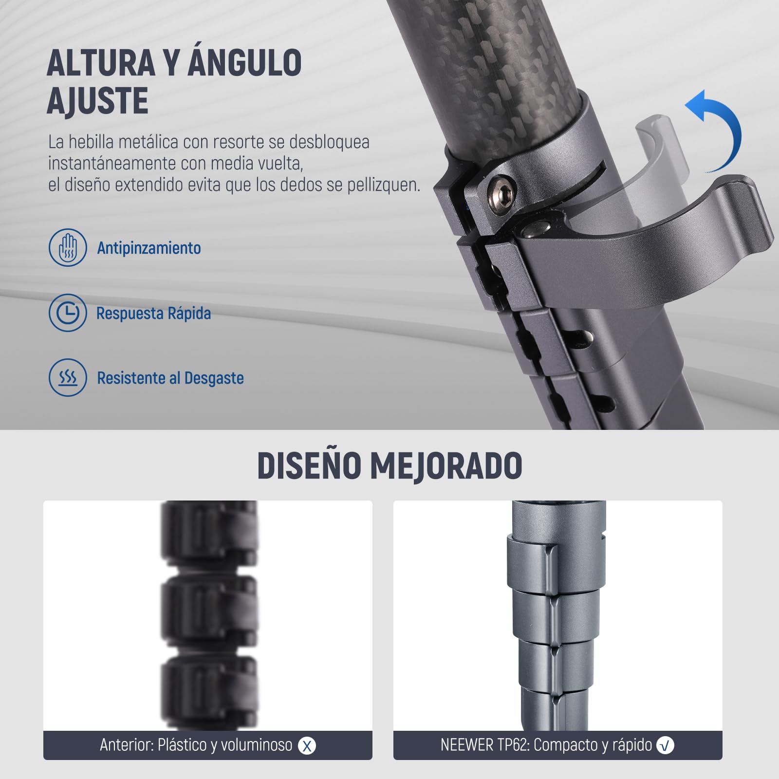 NEEWER LITETRIP LT32 - Trípode de viaje de fibra de carbono de 62 pulgadas con nivelación de ± 15°, cabeza panorámica de 360°, eje central desmontable, hebilla de giro rápido, placa Arca QR compatible