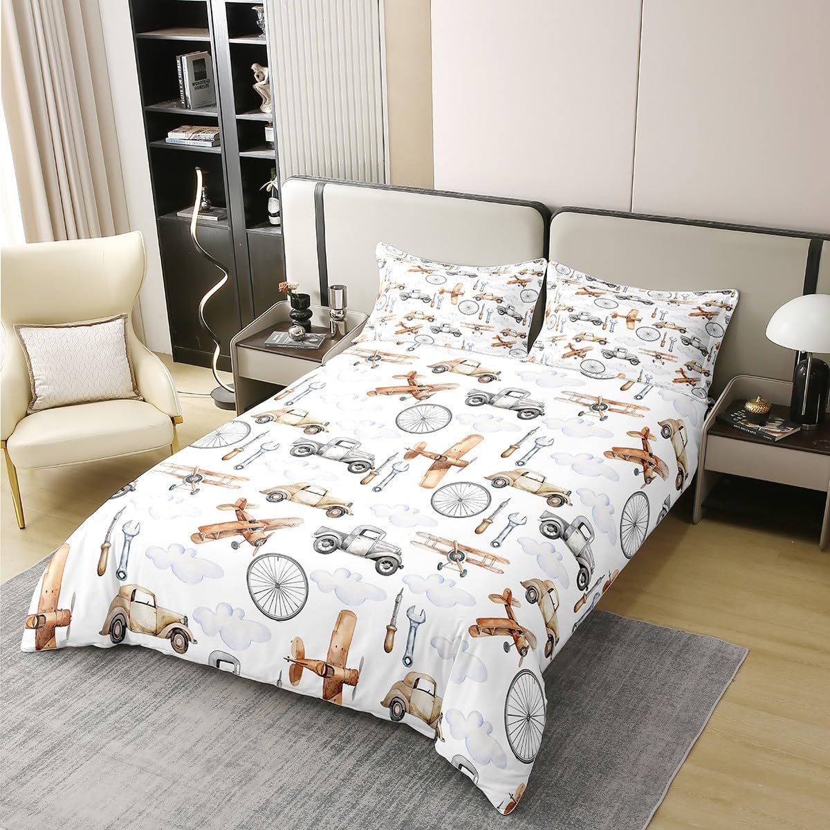 Retro Cars 100% Cotton Duvet Cover Watercolor Aircraft Cartoon Vehicle Decor Bedding Set for Kids Boys Girls Vintage Airplanes 70s Car Print Comforter Cover with 1 Pillowcase(No Comforter) Twin Size