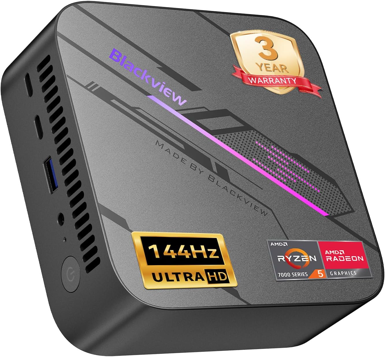 Mini Gaming PC with 3-Year Warranty, AMD Ryzen 5 7430U(equiv to 5850U), 16GB DDR4 RAM 512GB NVMe SSD, Win11 Pro, DP 4K@144Hz, HDMI 4K, USB3.2, WiFi 6, Big Fan, RGB Light