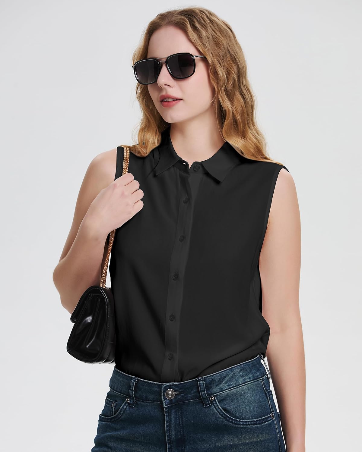 YAMANMAN Womens Sleeveless Button Down Shirts Classical Collared Blouse Casual V Neck Tank Tops - Image 2