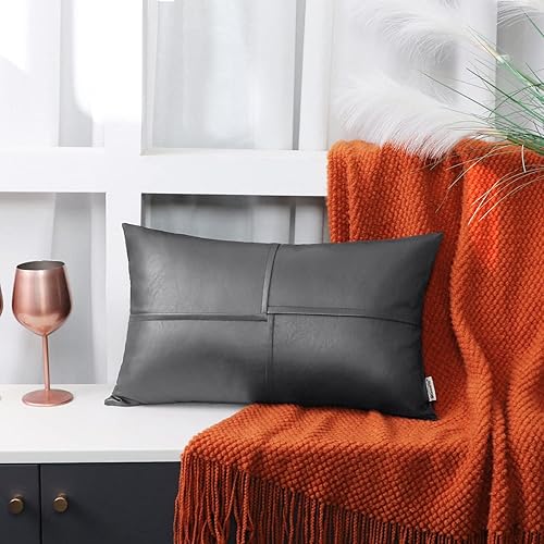 Miniatura 4 de BRAWARM Fundas de almohada de piel sintética de 12 x 20 pulgadas, gris lumbar, paquete de 2, fundas de almohada de cuero cosidas a mano para sofá,