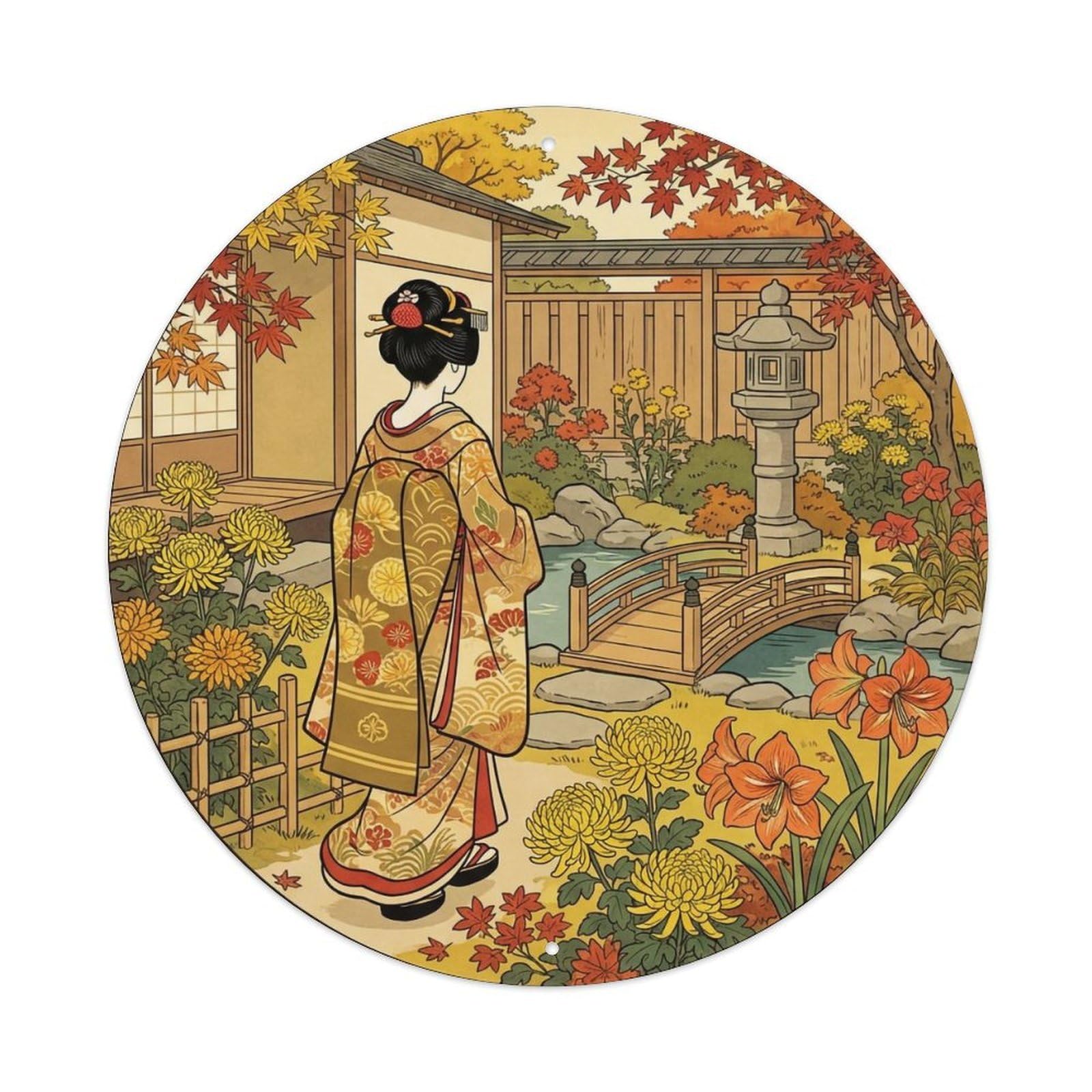 Japanese Chrysanthemum Garden Geisha Autumn Metal Tin Sign