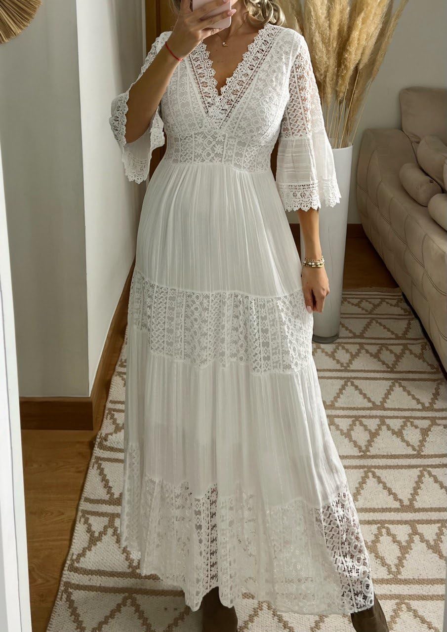 Vestido largo de encaje para mujer con cuello en V, mangas acampanadas 3/4, blanco, vestido bohemio de encaje, vestido bohemio