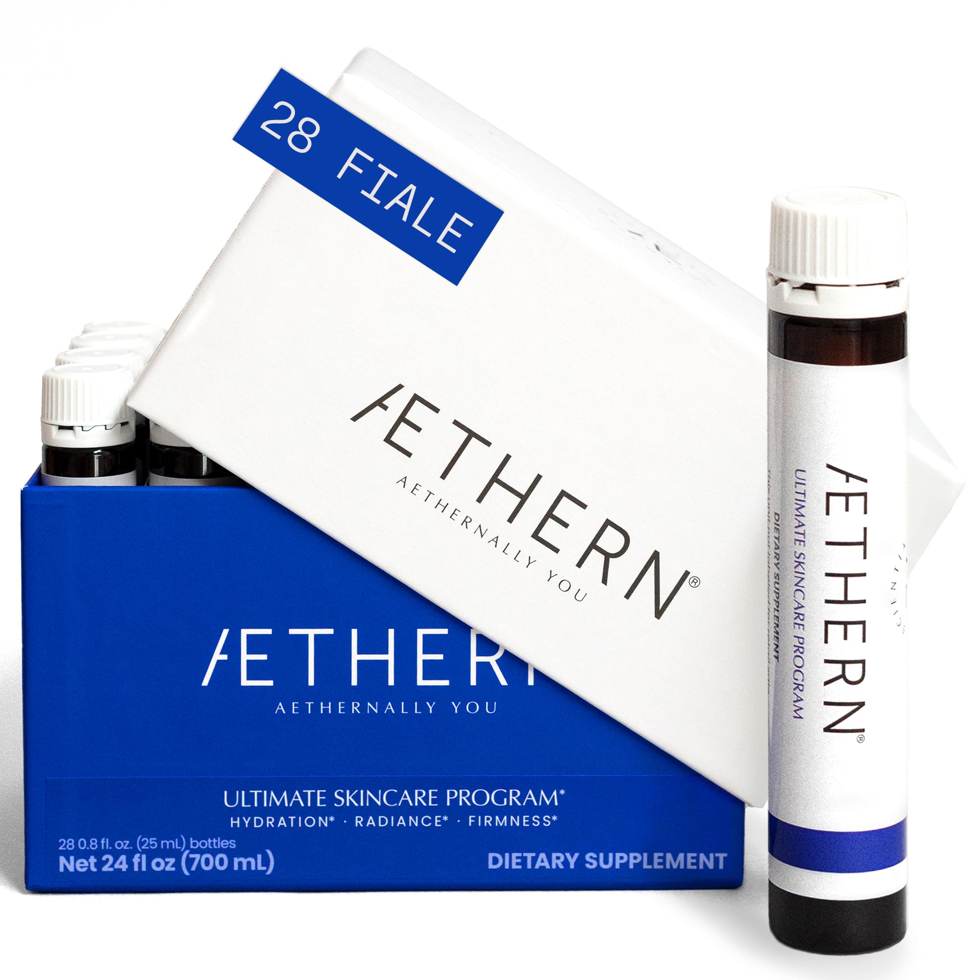 AETHERN Ultimate Skincare Program - Integratore Liquido con Collagene + Acido Ialuronico per la Pelle. Pronto da Bere. Supporta Idratazione, Tonicità, Luminosità. 28 Fiale