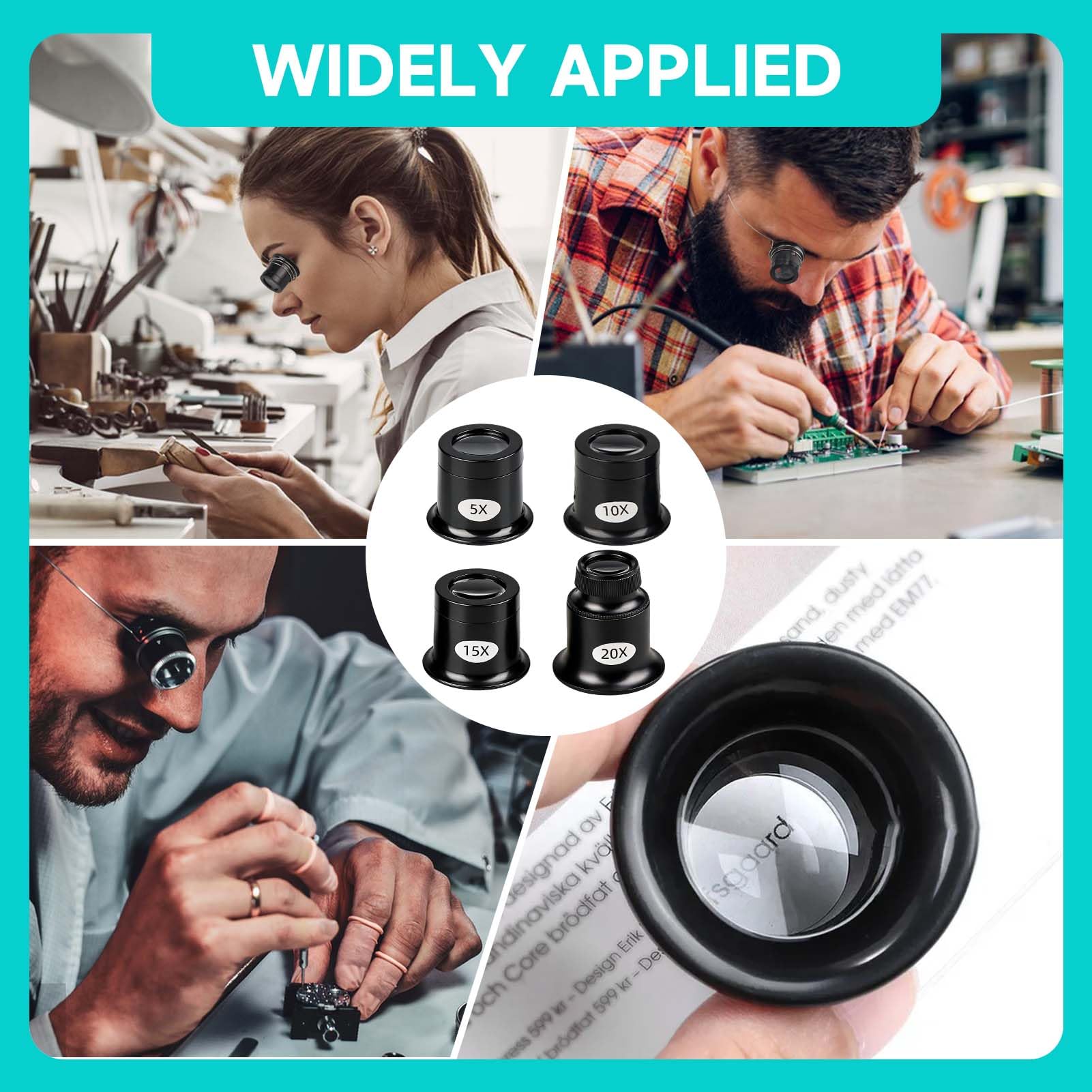 4 Piezas Lupa Relojero 5X 10X 15X 20X Lupa de Relojero Profesional Conjunto con Soporte de Alambre Gafas de Jewelers Loupes para Joyería Relojería Reloj Reparación de Alta Precisión