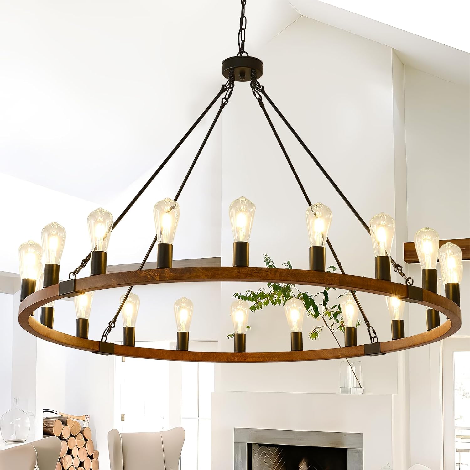 Rustic Wagon Wheel Chandelier 6Light Farmhouse Wood Chandelier with Seeded Glass Shade, Rustic Round Wood Pendant Light Fixtures for Dining Room Kitchen Island Foyer Entryway