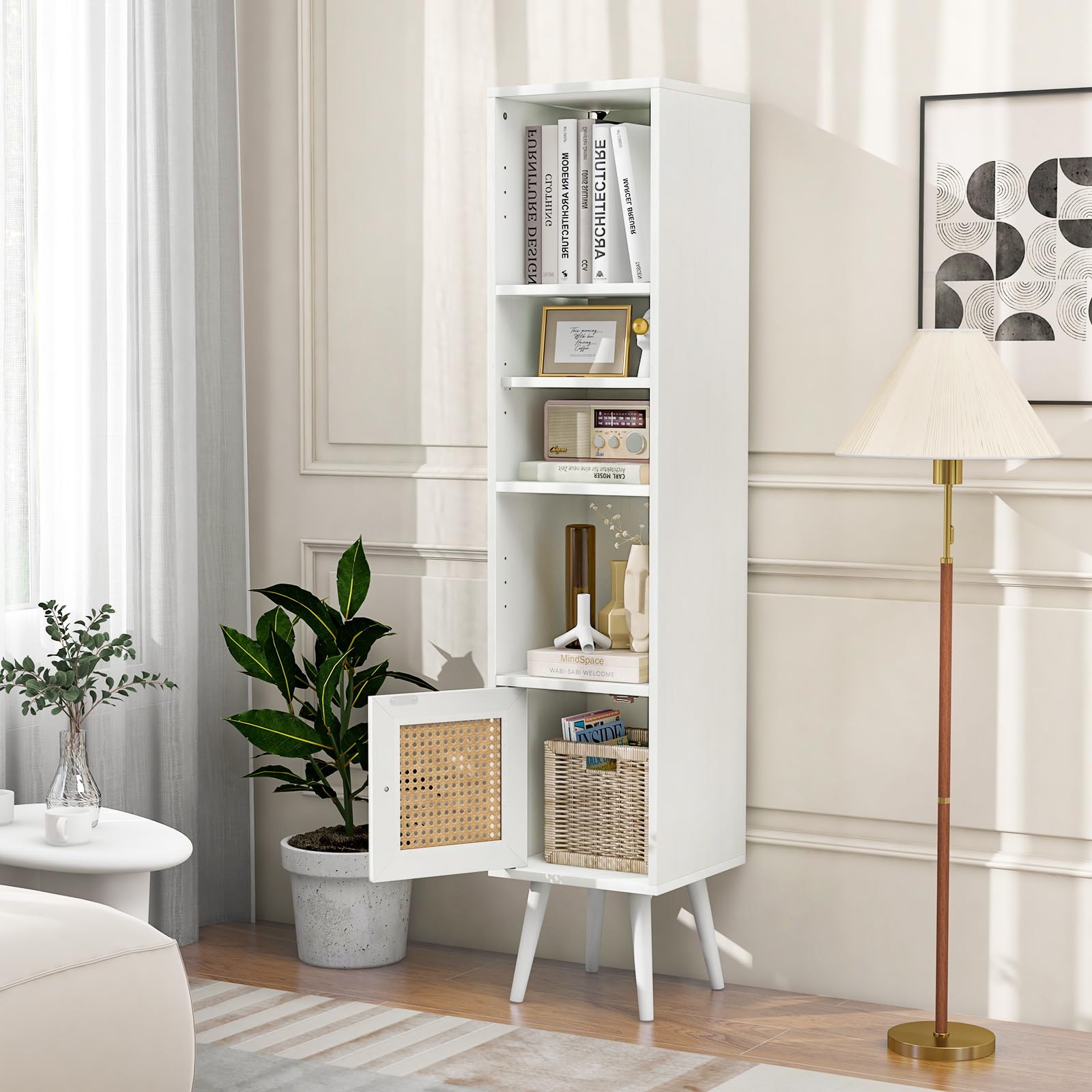 COSTWAY Meuble Colonne de Rangement avec Porte Rotin et Pieds en Bois Massif, Meuble de Salle de Bain Étagère Réglable, Style Bohème, pour Salon, Cuisine, Chambre, 29,5x29,5x137cm (Blanc)