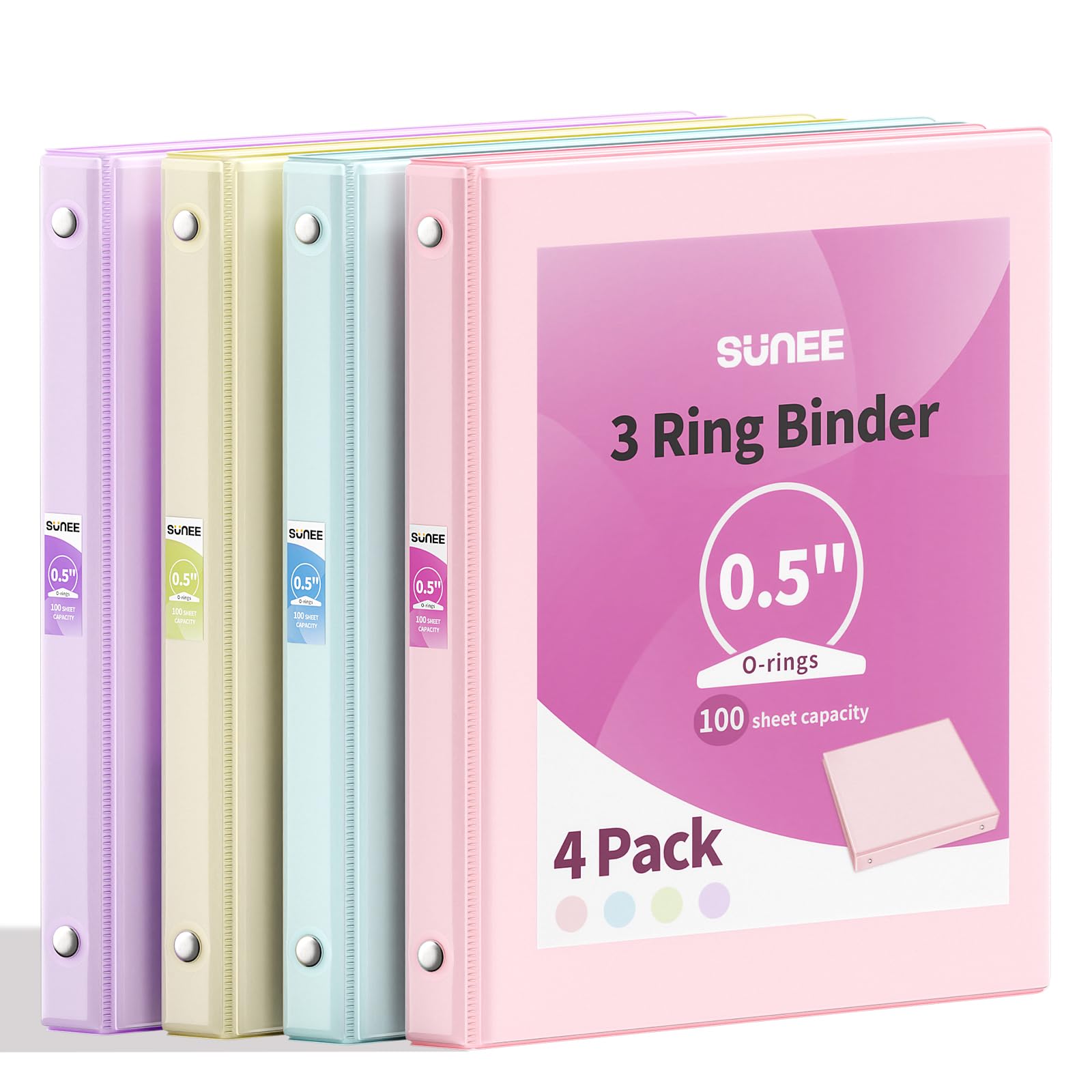 SUNEE 1/2 Inch Binders 3 Ring 4 Pack, Half Inch Thin Binder Clear View Three Ring PVC-Free (Fit 8.5x11 Inches) for School or Office Supplies, Assorted Pastel