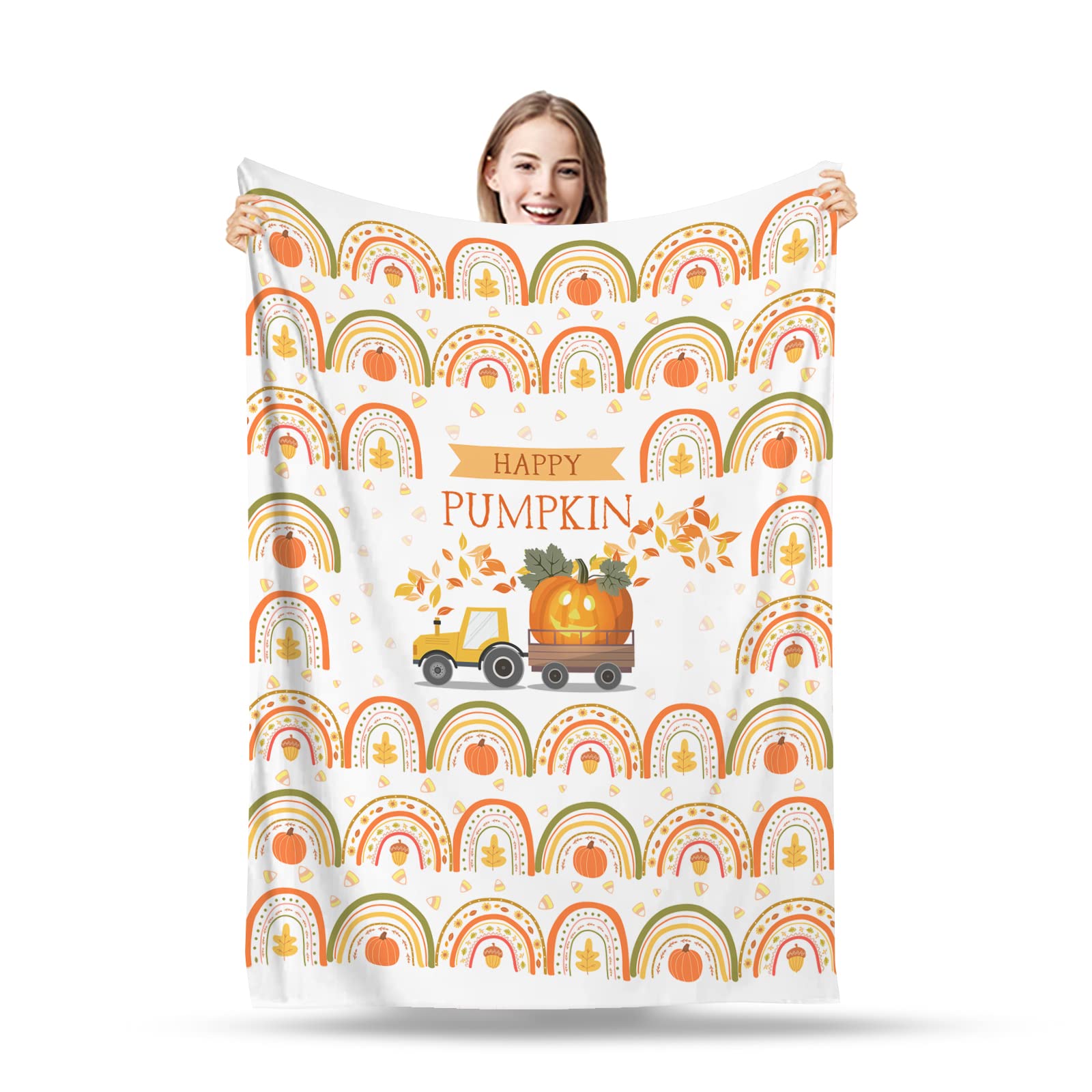 Fall Throw Blanket Pumpkin Blanket Thanksgiving Harvest Home Decor Autumn Leaves Rainbow Pumpkin Soft Fleece Blankets for Couch Chair Bedroom (50" x 60")