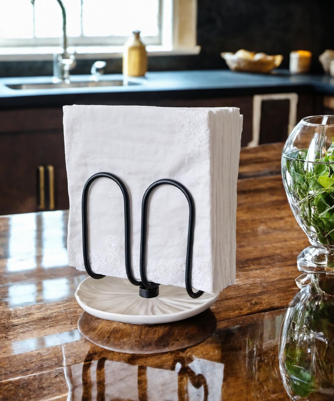 VROOMIUM Napkin Holder for Table, Effortless Cleaning Ceramic Base, 1 lb Weight, Black Napkin Holders for Paper Napkins, Servilleteros para Mesas