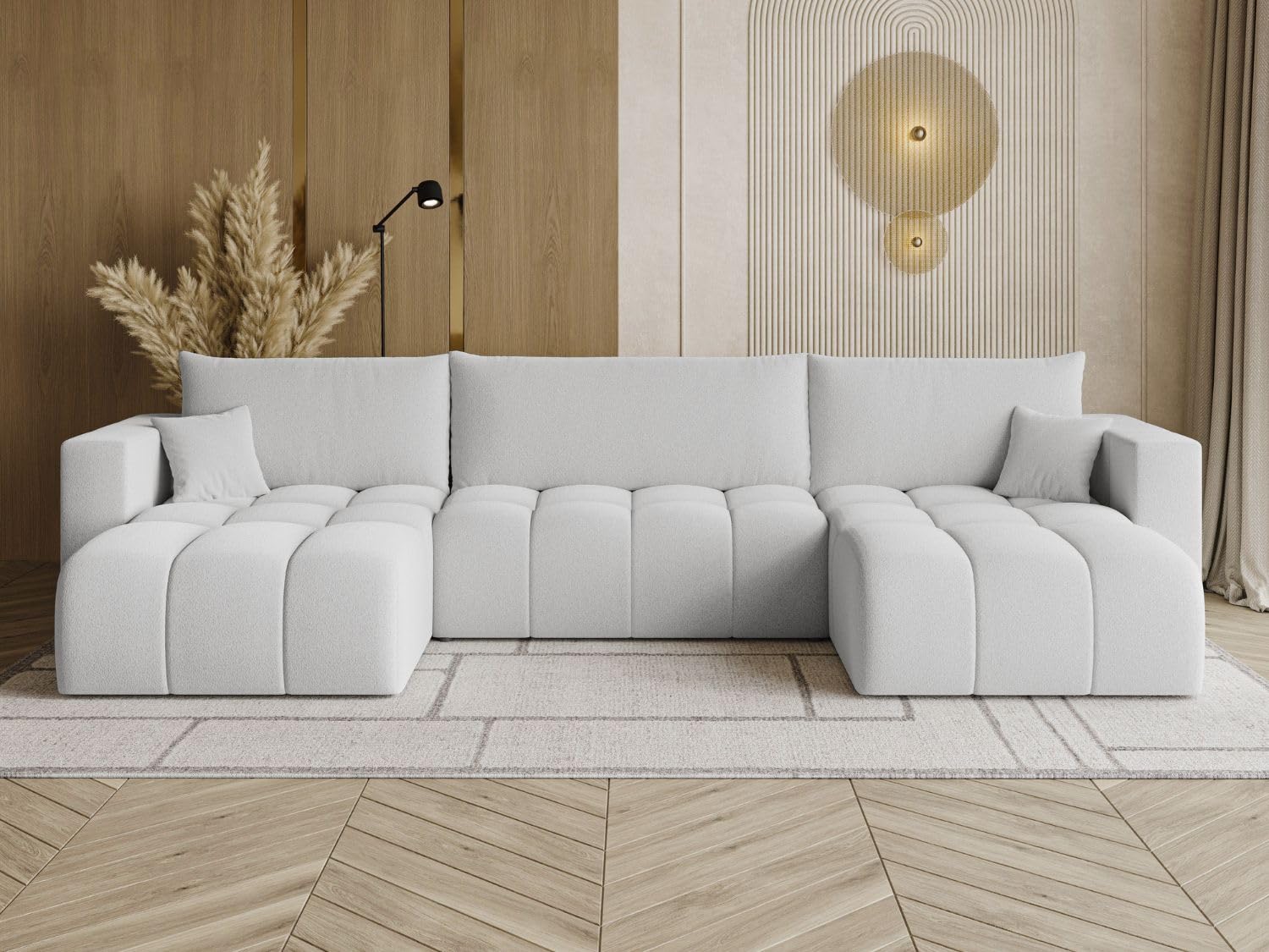 GRAINGOLD Neva U Ecksofa mit Schlaffunktion & Bettkasten 370x170 cm, U-Form Sofa mit Stauraum, Schlafcouch für Wohnzimmer, Bouclé-Stoff, 5-Sitzer Wohnlandschaft, Modernes Design (Dunkelgrau)