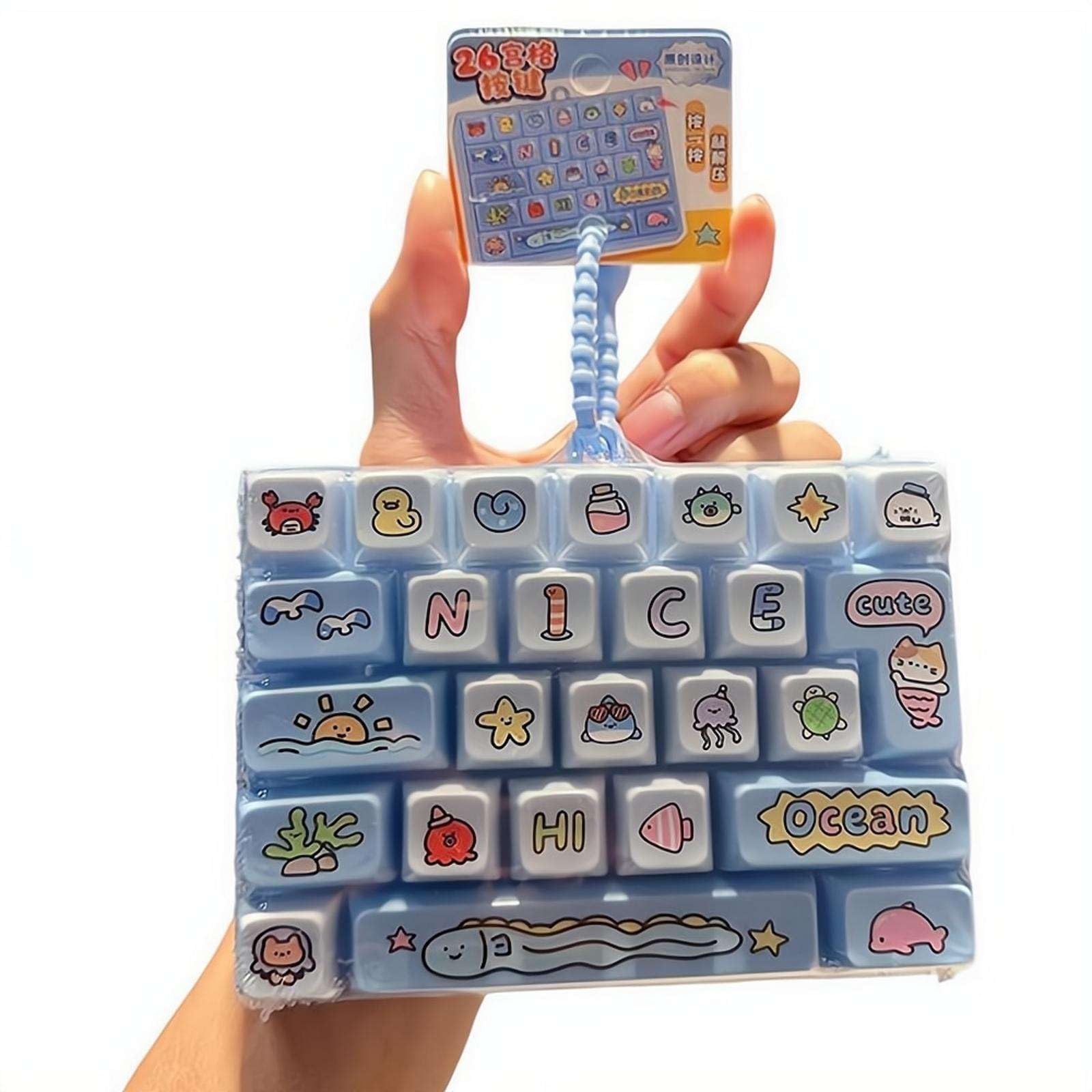 Cute 26-Key Keyboard Fidget Keychain,Realistic Mechanical Feel, Silicone Stress Relief Toy, Cartoon Bag Pendant (Blue)