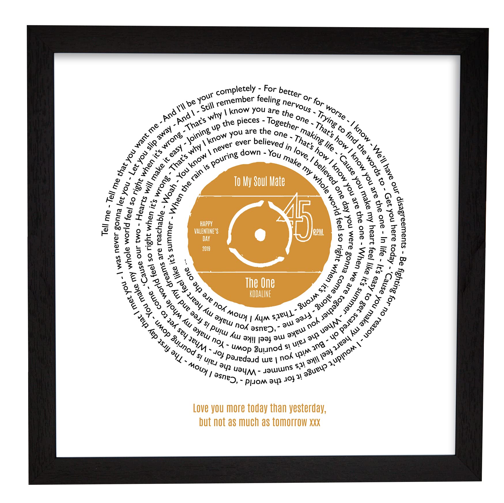 Not Just A Print White Personalised Vinyl Record Song Lyrics Print - Thoughtful Wedding, Anniversary, Valentines, Christmas Or Birthday Gift (Kodaline - The One)