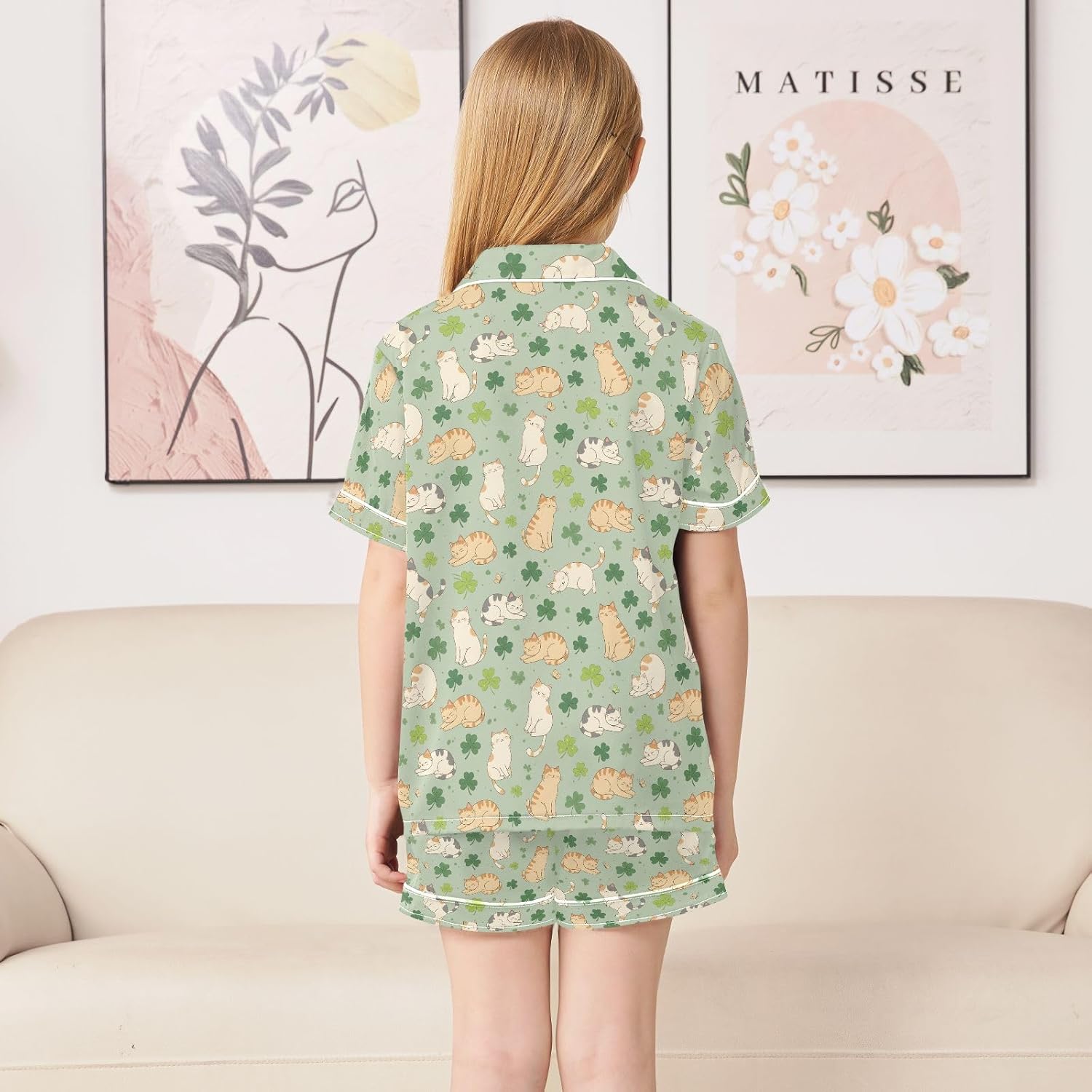 Kids Satin Wear Set Four Leaf Clover Cat Pattern Relaxing Clothing Short Sleeve and Shorts