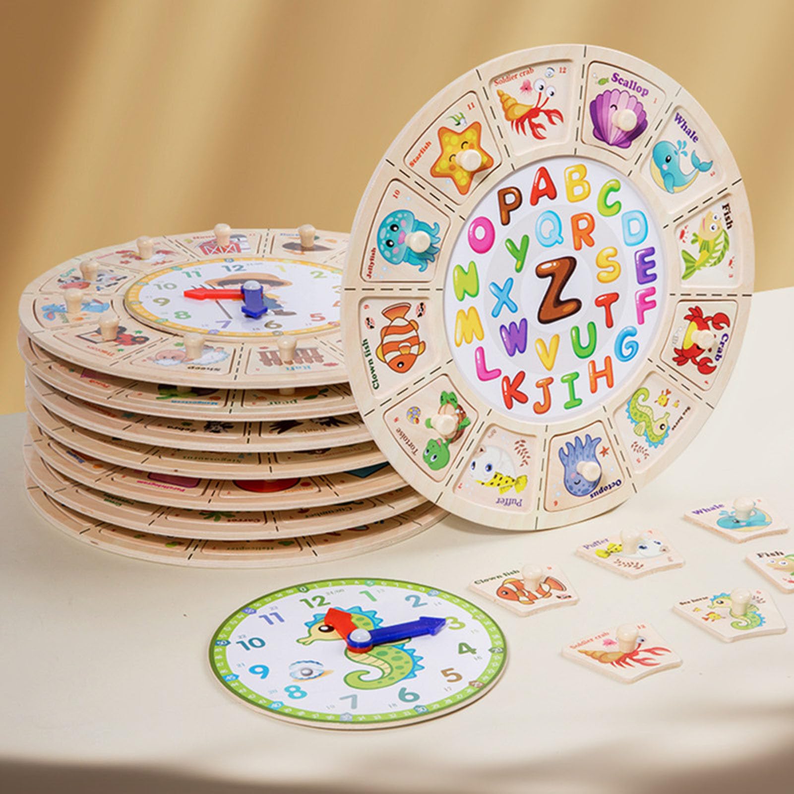 Montessori Holz-Uhr Puzzle-Spielzeug, Frühe Bildungs-Zeiterkennungs-Spielzeug,8 piece Set