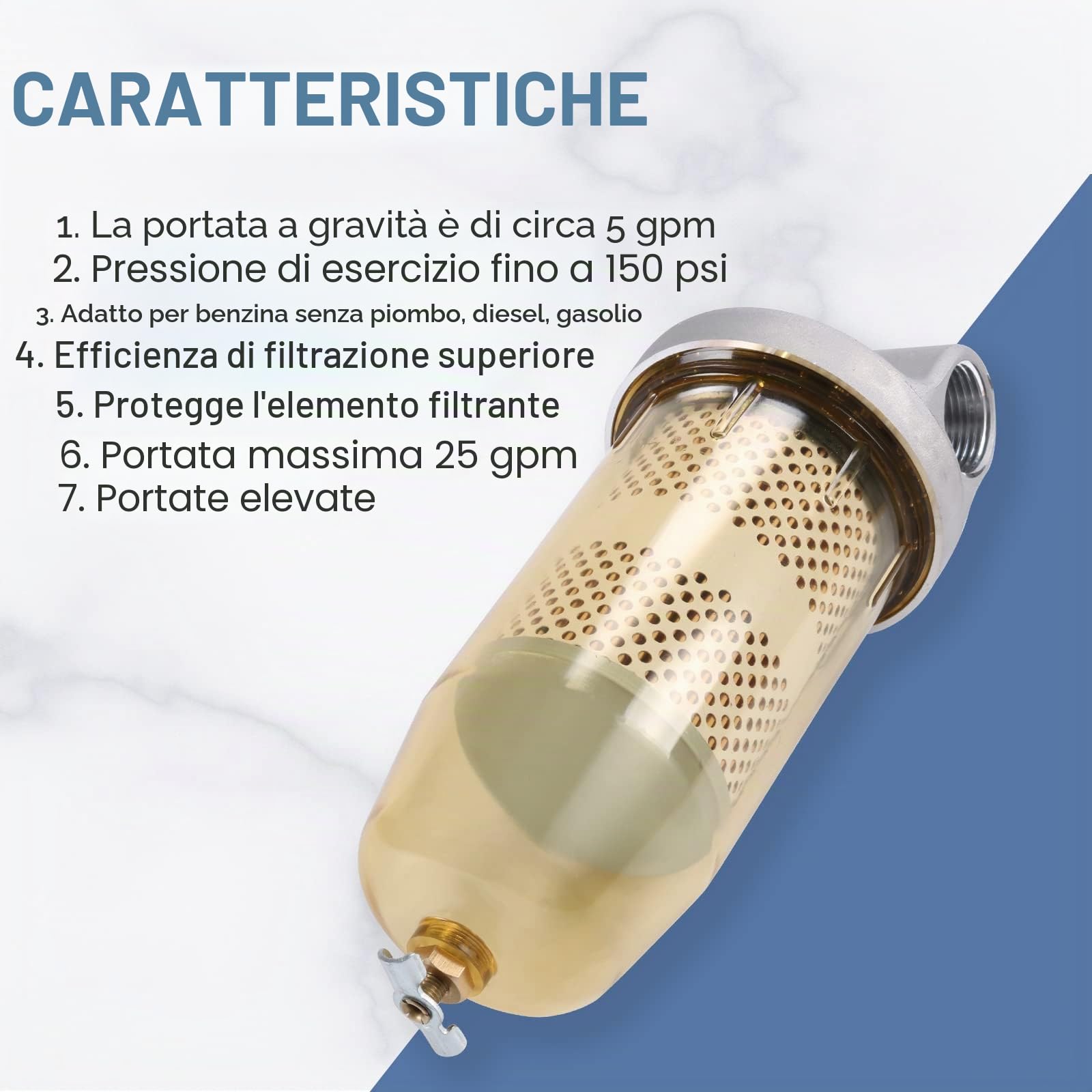 DICMIC 496, Filtro per Serbatoio Carburante con Chiave di Ricambio per Benzina e Diesel, Separatore Acqua 30 Micron, Max 25 Gpm, 150 Psi, con Tappo Superiore NPT da 1", Sostituisce# B10-AL