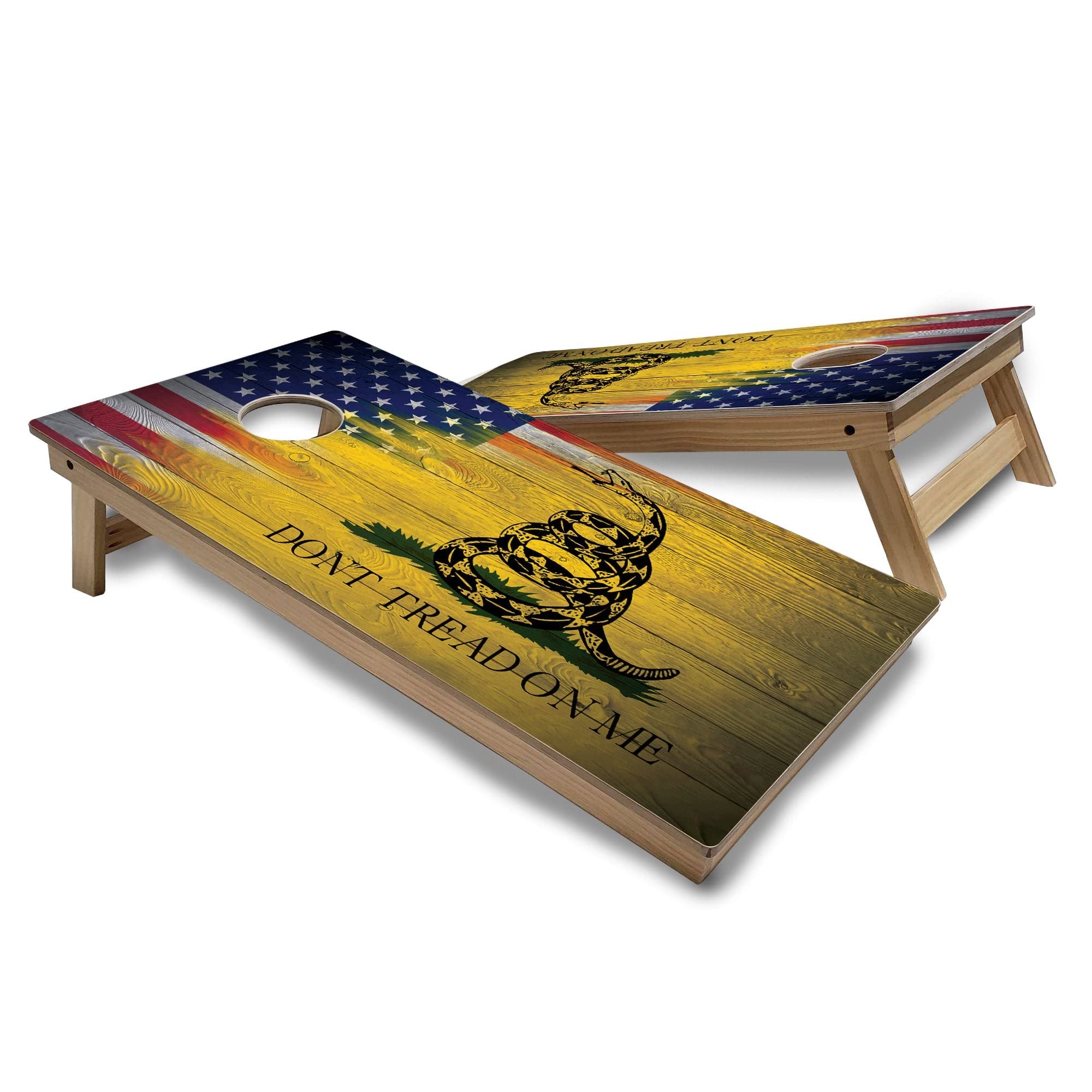 Gadsden & USA Flag Corn Hole Boards - Regulation Size 2x4 - Includes Boards and 8 Corn Filled Bags, A. Regulation 2x4