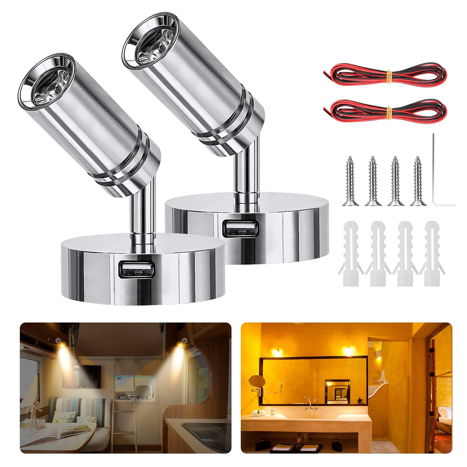 LEOSHI Luces LED de 3W, luz de Lectura con USB, Foco para Caravana, iluminación para Autocaravana, Autocaravana, RV, con Interruptor táctil Regulable Made in China