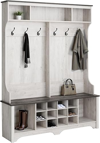 Prepac Hall Tree - Armario de almacenamiento para pasillo con cubos de zapatos y ganchos para abrigos, 15.5 pulgadas de profundidad x 60 pulgadas de