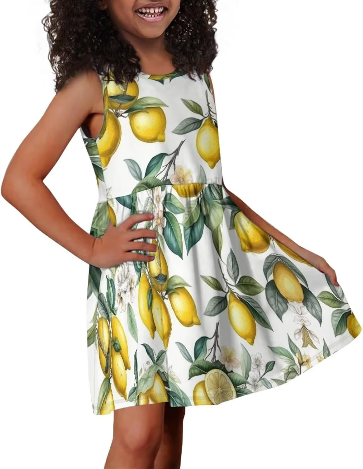 Cute Floral Sundress for Girls Loose Fit Swing Twirly Sleeveless Dress with Pockets