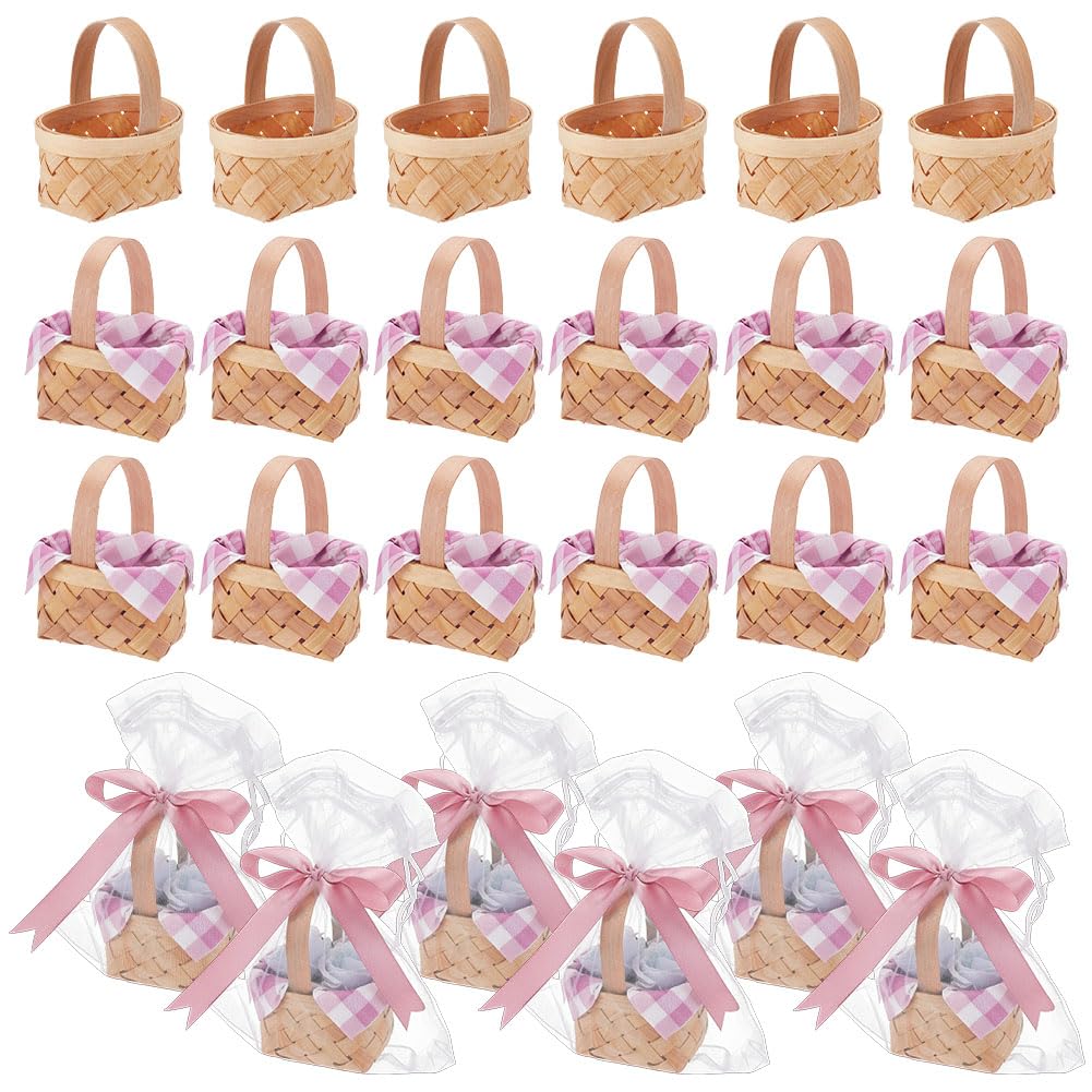OLYCRAFT 12 Set Mini Cestini Intrecciati con Manici Mini Cestini Da Picnic con Fiori e Frutta Piccoli Cesto Regalo con Tovaglioli di Carta Rosa per Natale Festa di Nozze Regalo Decorazione Giardino