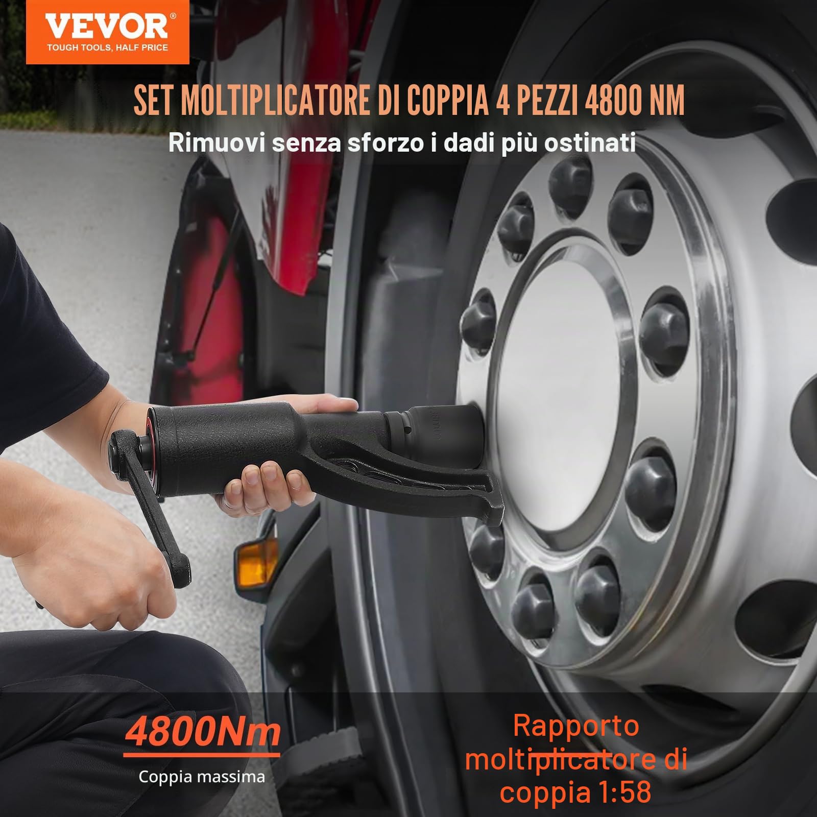 VEVOR Set di Chiave Dinamometrica 25,4 mm Rapporto 1:58 Moltiplicatore di Forza con 4 Bussole, Set Moltiplicatore Svita Bulloni 4800 Nm per la Rimozione dei Dadi per Riparazione Auto Officina Garage