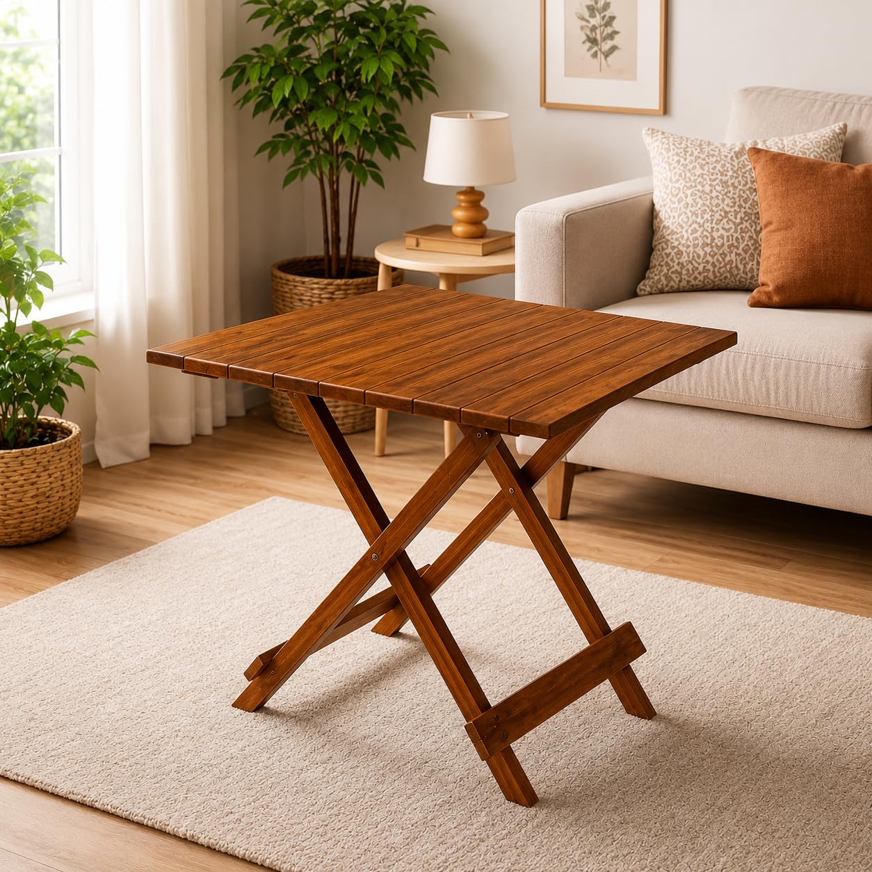 Solid Sheesham Wood Round Shape Folding Coffee Table, Center 1 Table for Indoor & Garden Outdoor, Fold-Away Coffee tee (Natural Finish-Square)-image-47