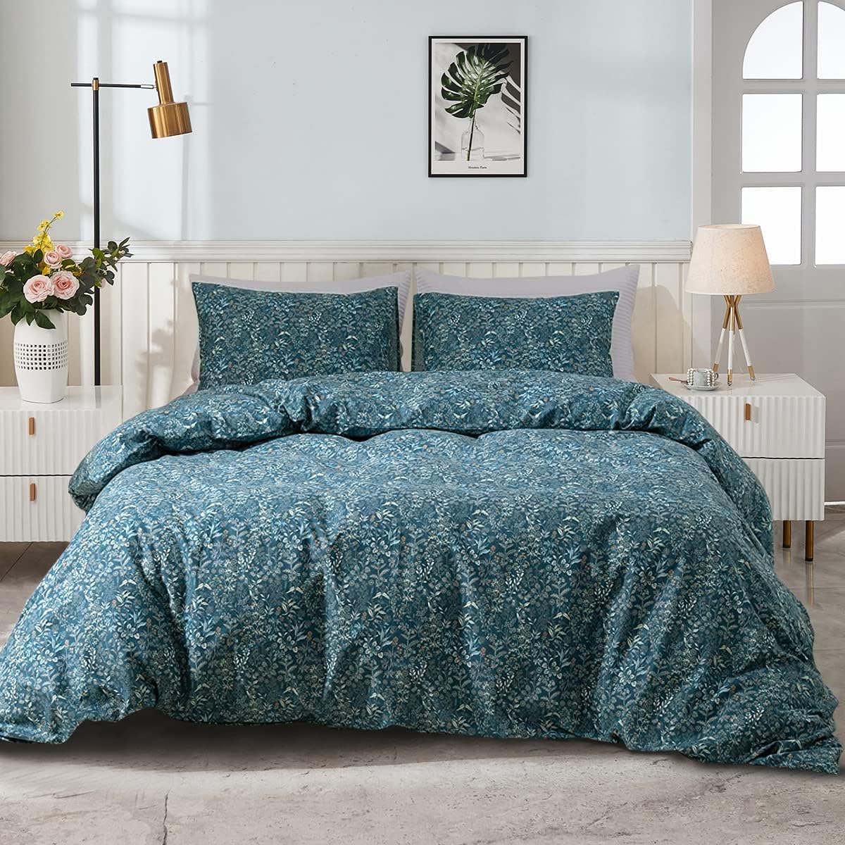 EAVD Reversible Botanical Floral Duvet Cover Queen Soft Cotton Flower Pattern Blue Duvet Cover with 2 Pillowcases Chic Shabby Garden Floral Comforter Set for Girls Women