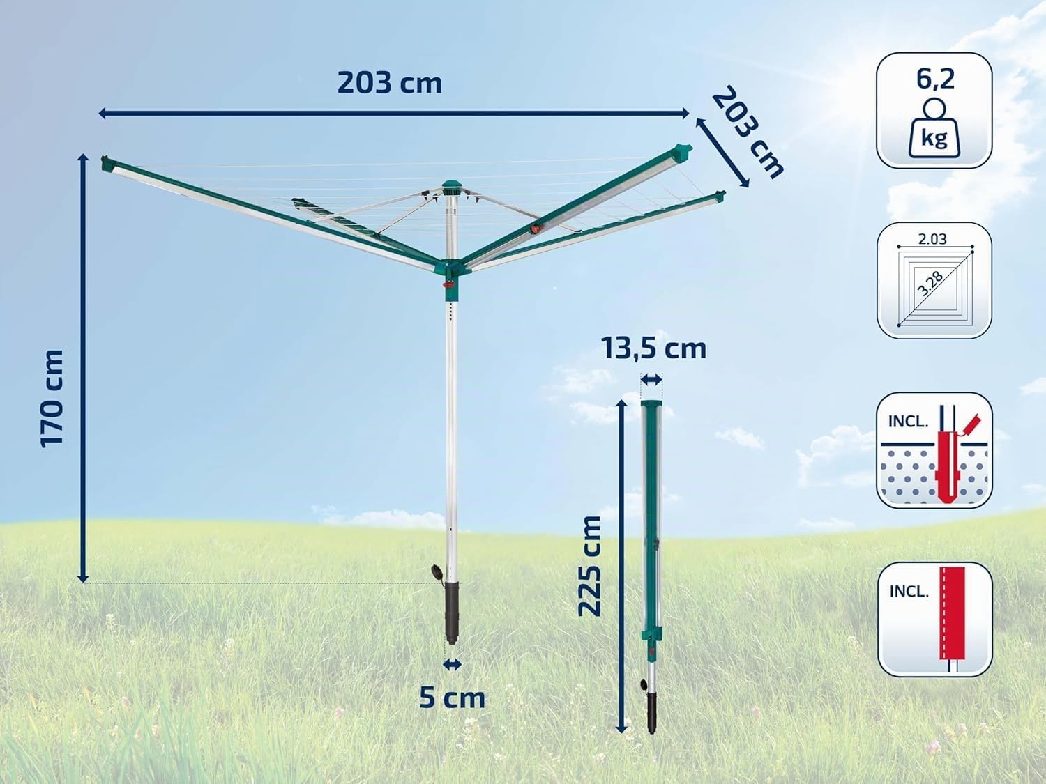 Leifheit Séchoir parapluie Linomatic 500 Deluxe Cover, étendoir parapluie grande surface d'étendage avec douille fixation et housse de protection, séchoir à linge jardin solide et résistant, Easy-lift