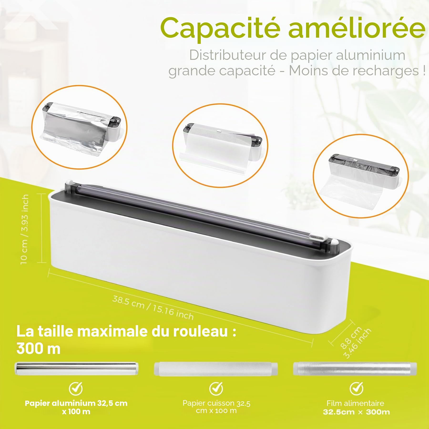 Derouleur Film Alimentaire avec Coupeur - Organisateur de Cuisine Magnétique et Adhésif Sans Percer, Distributeur Papier Aluminium et Film - Gain de Place pour Rouleaux Jusqu'à 300m, Noir