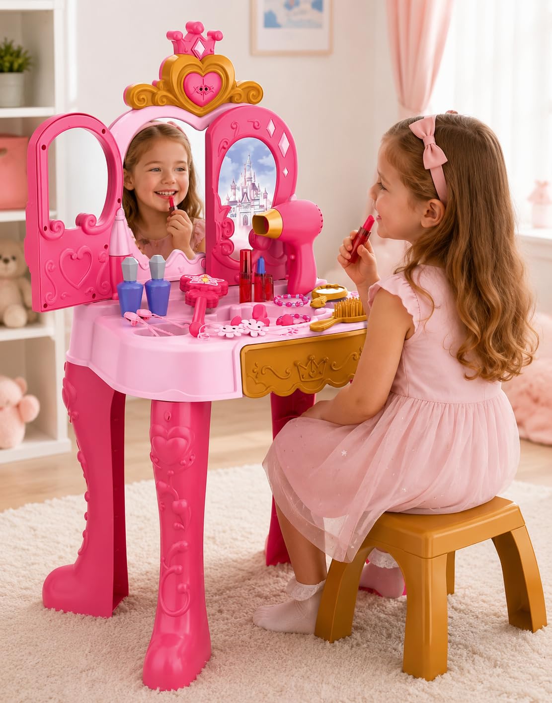 GalPat Baby Tocador Infantil para Niñas con Espejo, Luces y Música – Incluye Taburete, Secador, Varita Mágica y Más de 15 Accesorios – Tocador de Juguete Princesa 3+ Años