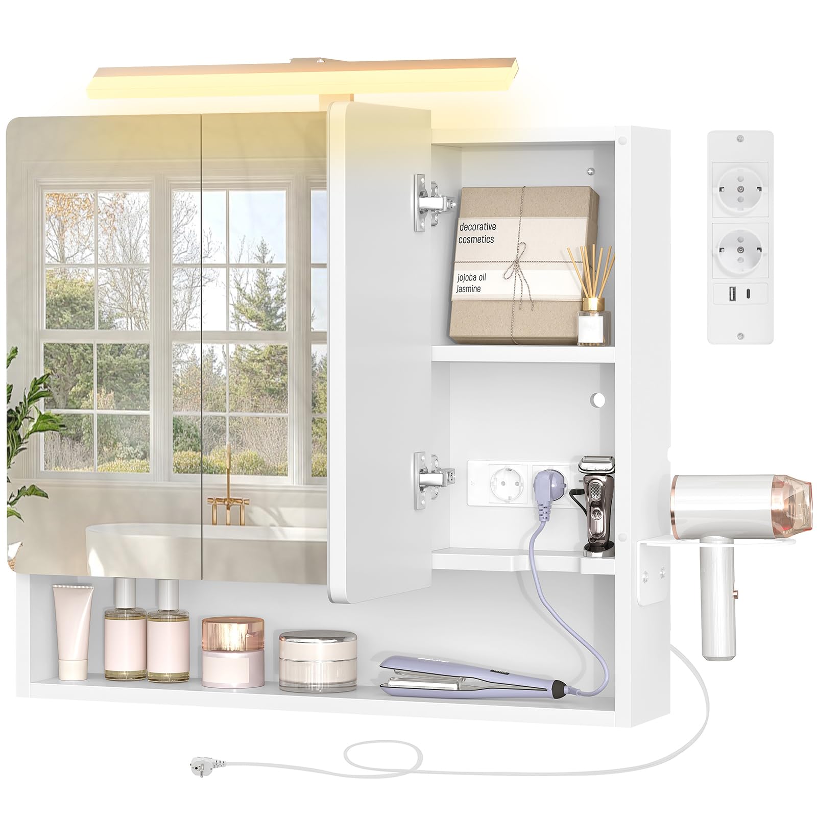 TEENFON Spiegelschrank Bad mit Beleuchtung, Badezimmer Spiegelschrank mit 3 Türen, Steckdose und Haartrockner-Halter, verstellbare Ablagen, Badspiegel 70x15x65cm