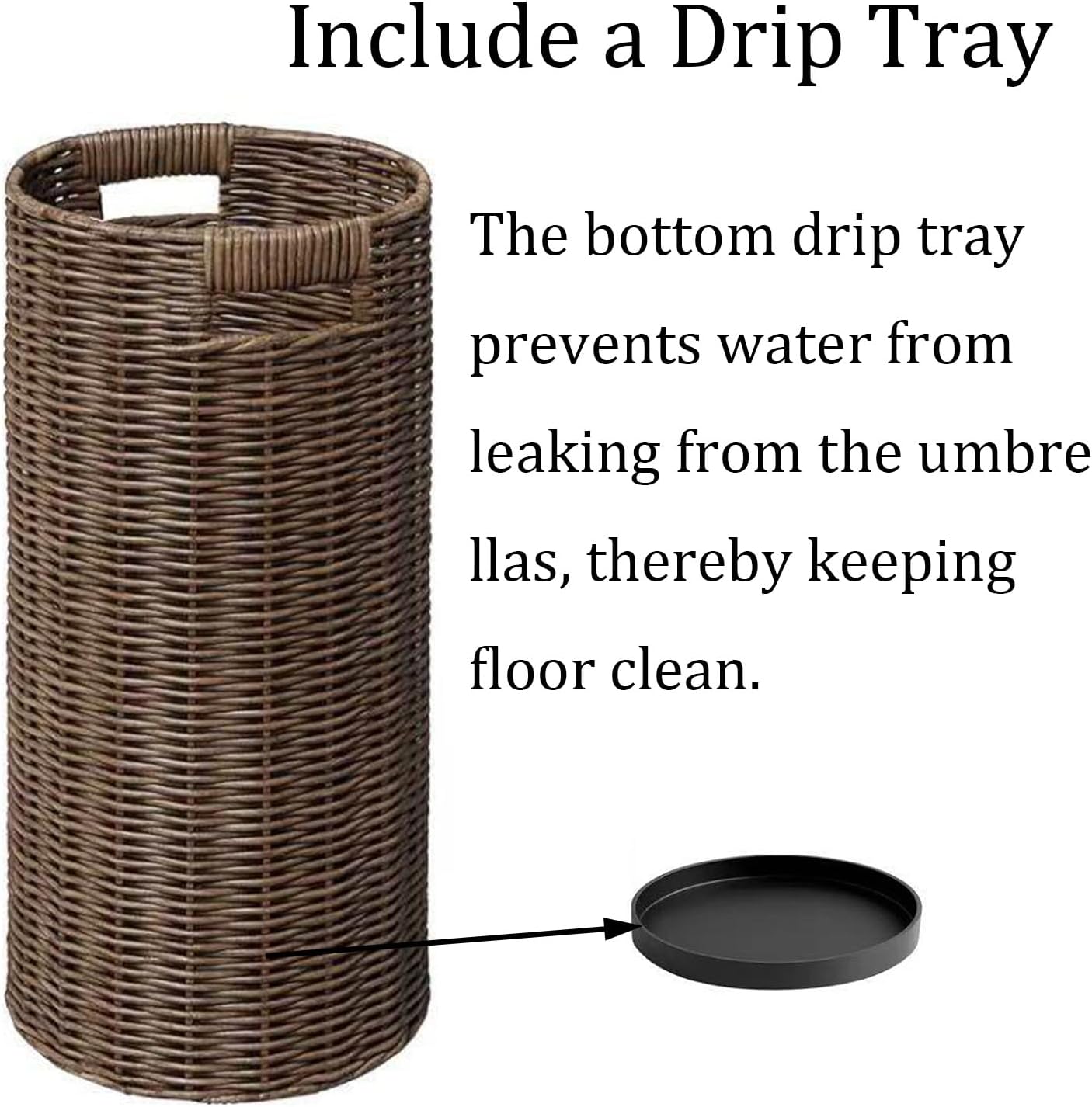 Rattan Umbrella Holder, Handmade Wicker Umbrella Stand with Drip Tray, Round Umbrella Bucket, Walking Sticks Holder for Canes, Entryway, Mudroom, Office, Home